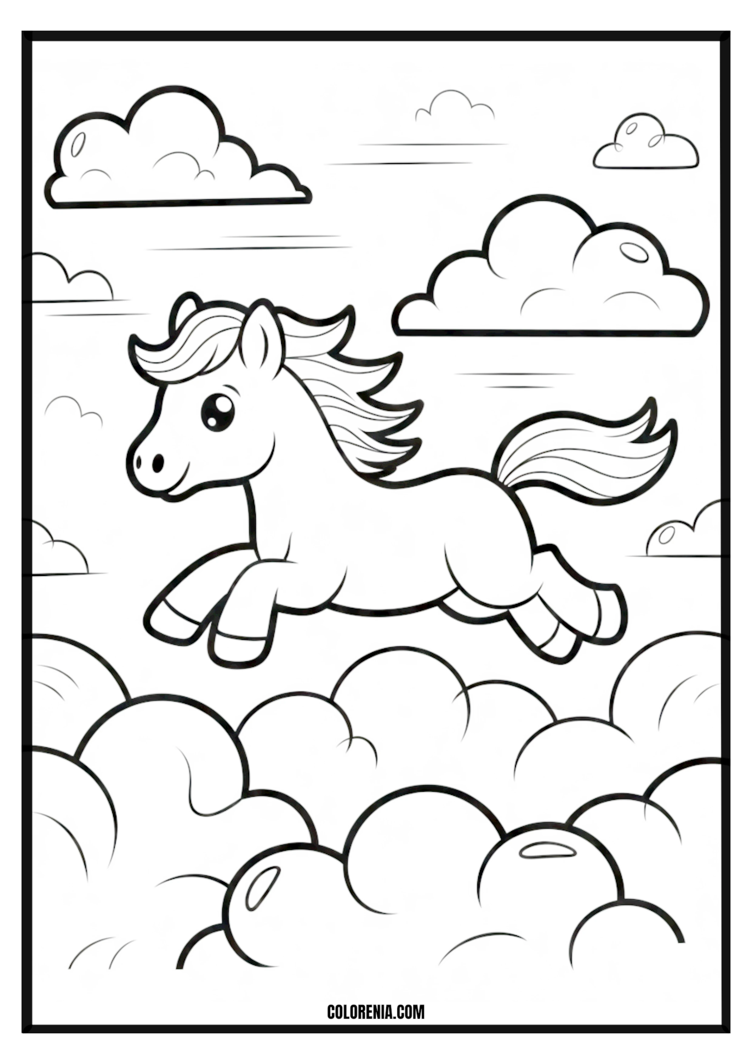 Cute Horse Flying Clouds Coloring Page Cute horse flying over clouds in a dreamy sky coloring page.