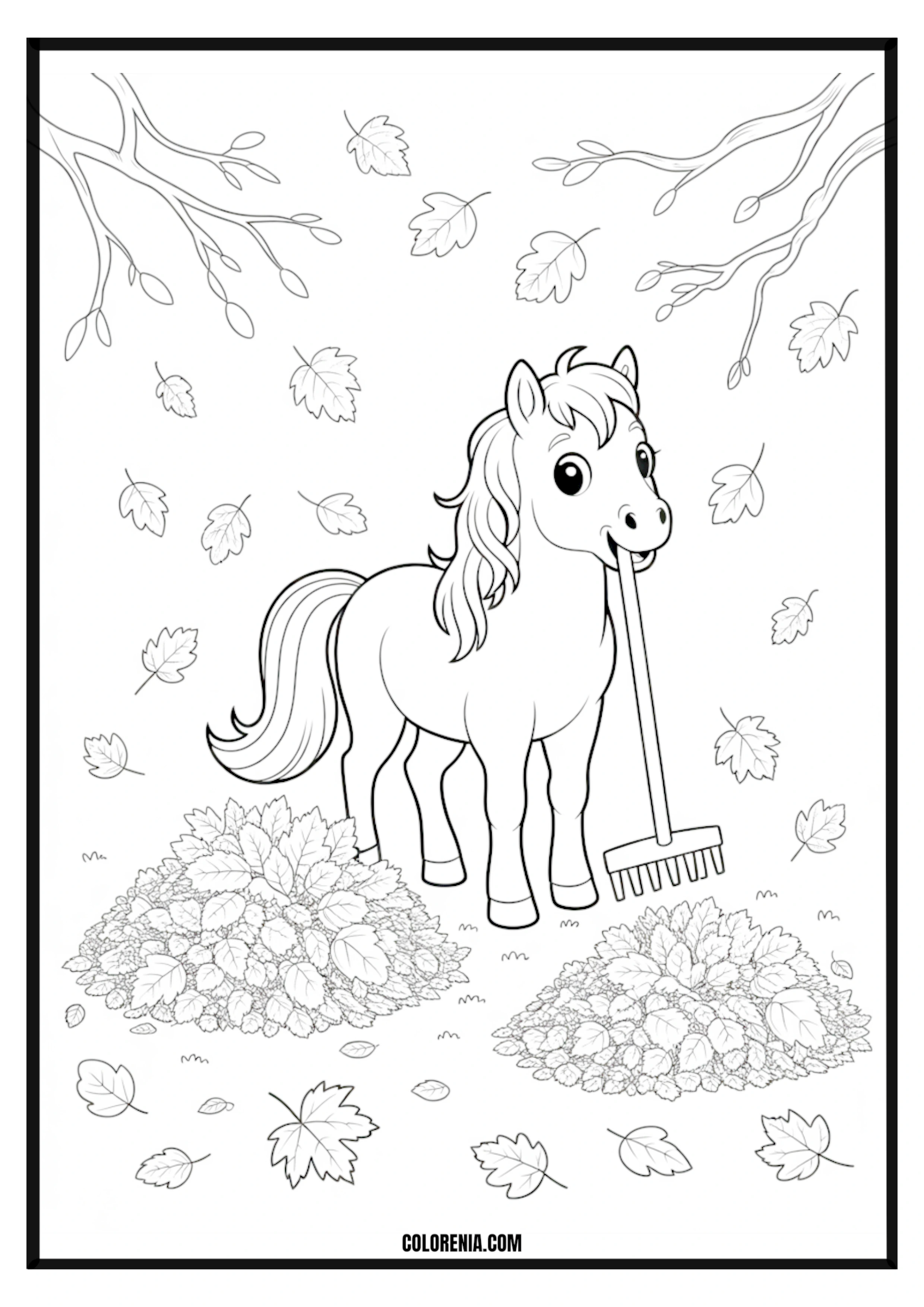 Cute Horse Raking Fall Leaves Coloring Page Cute horse raking autumn leaves coloring page.