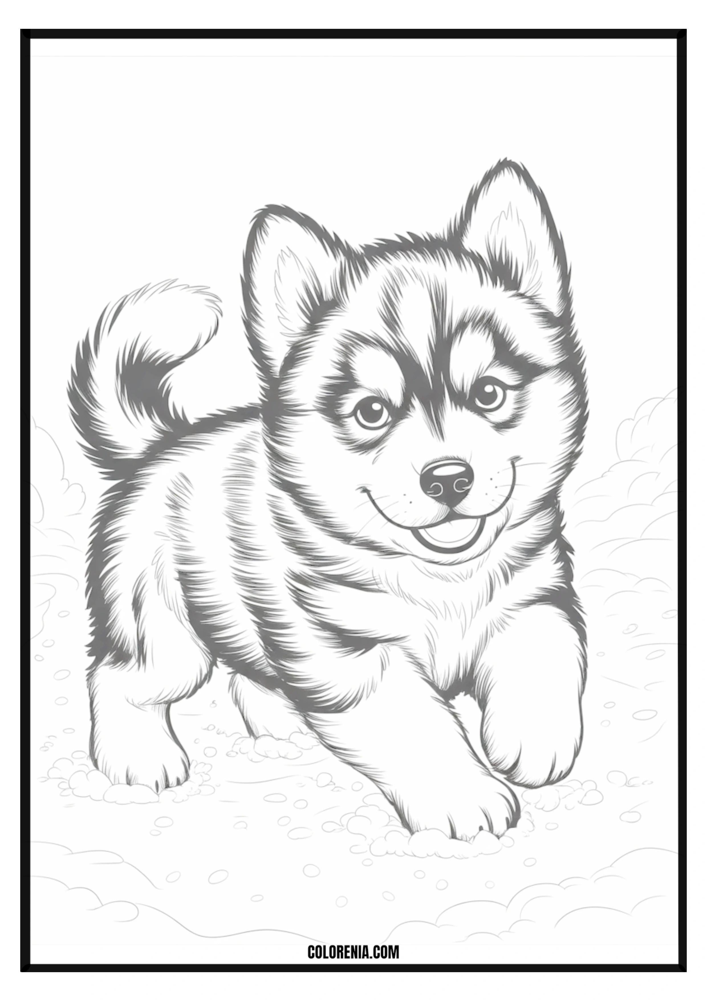 Printable Cute Husky Puppy Coloring Page Cute husky puppy with characteristic markings, line art for coloring.