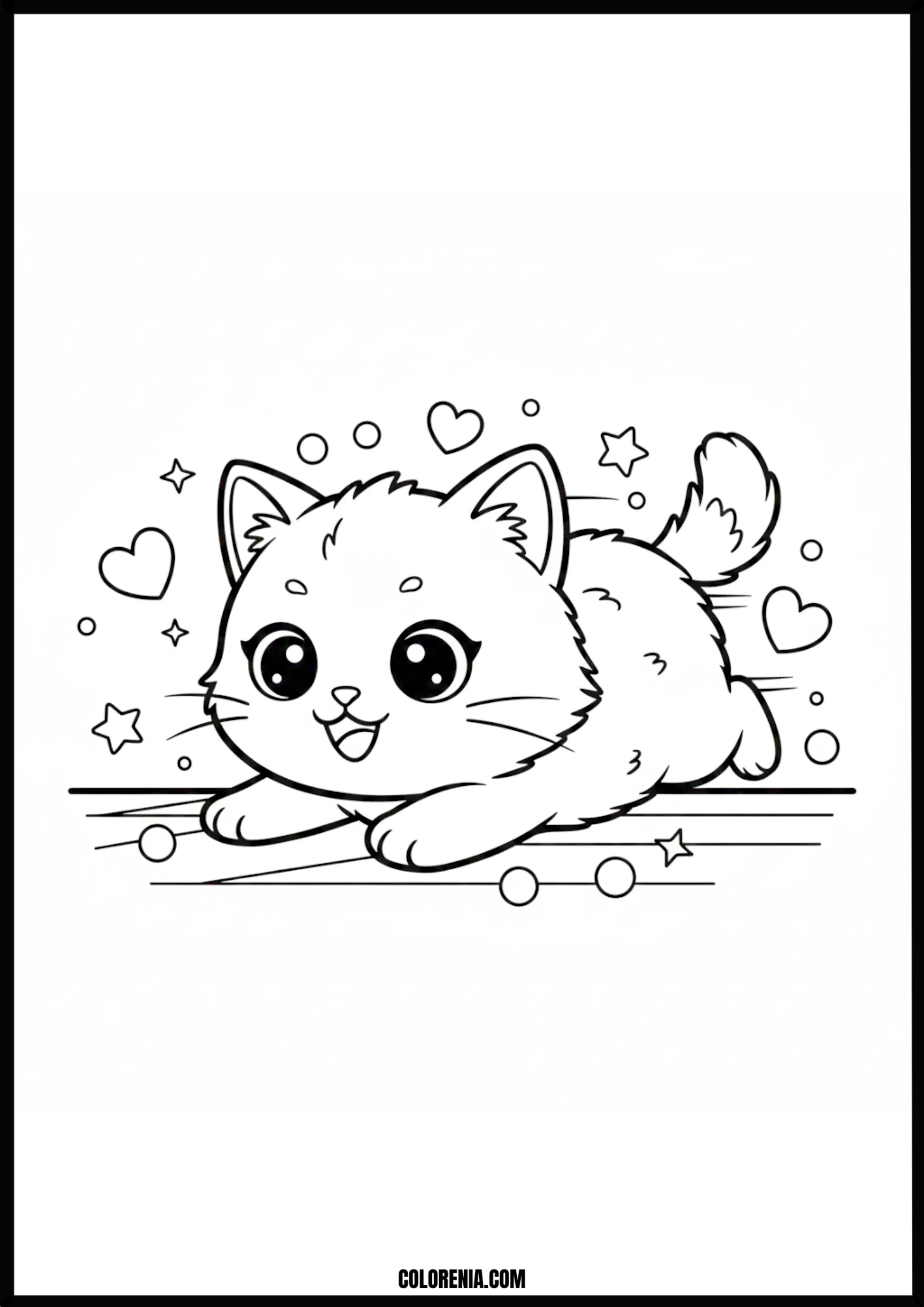 Cute Kitten Coloring Page With Hearts And Stars