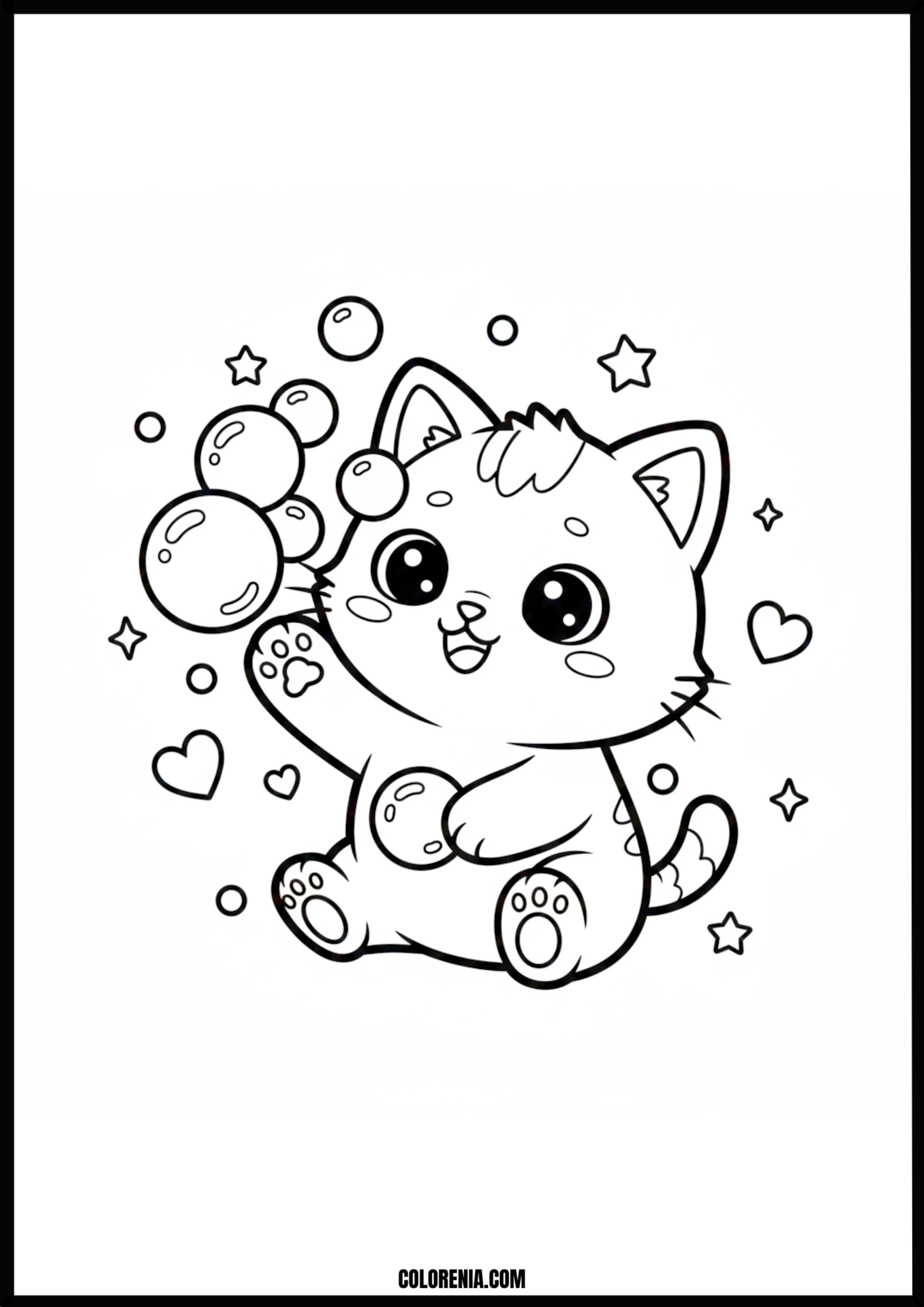 Cute Kitten Playing With Bubbles Coloring Page