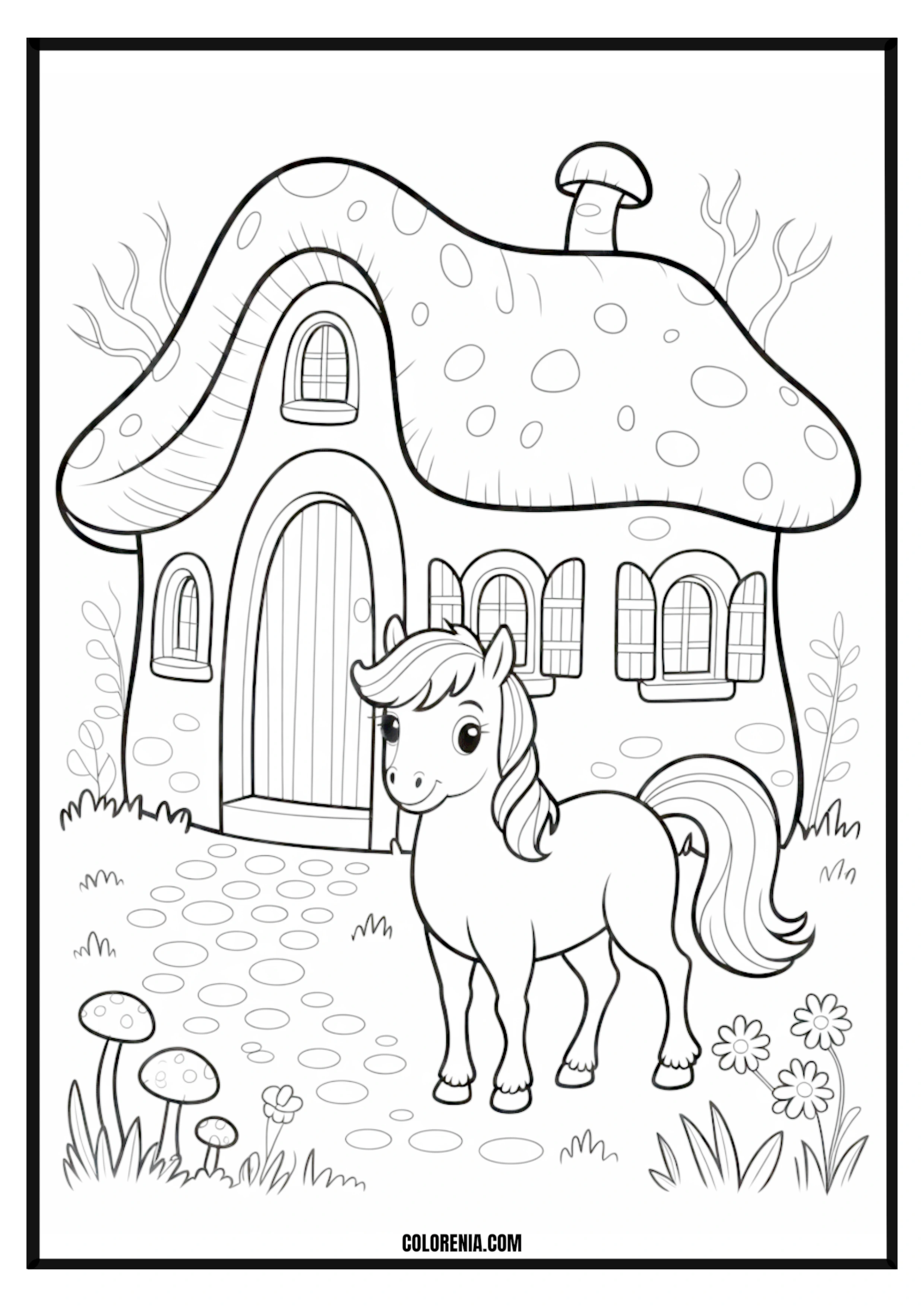 Cute Pony and Whimsical Mushroom House Cute pony with a whimsical mushroom house coloring page.