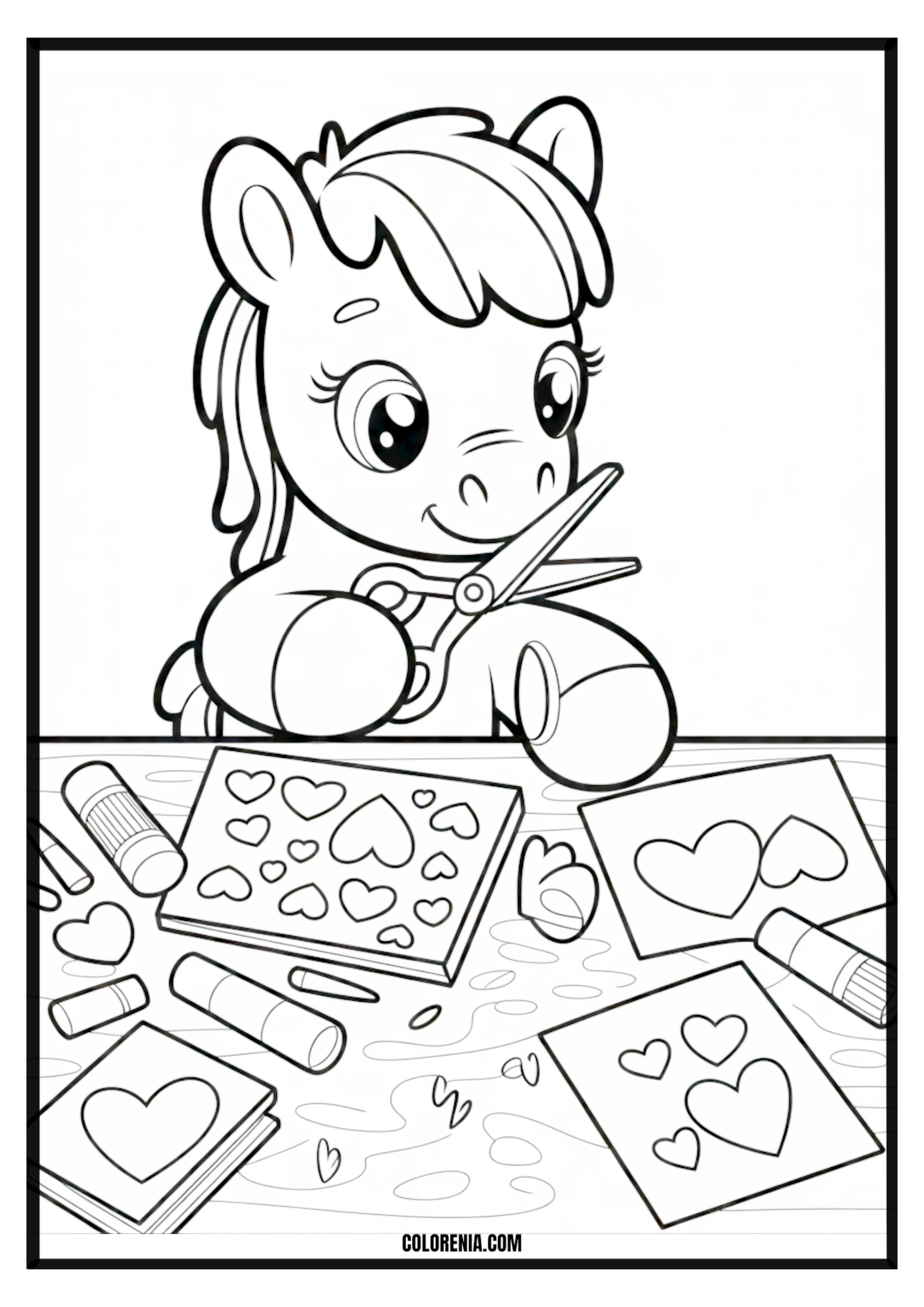 Cute Pony Crafting Hearts Coloring Page Cute pony crafting heart shapes coloring page.