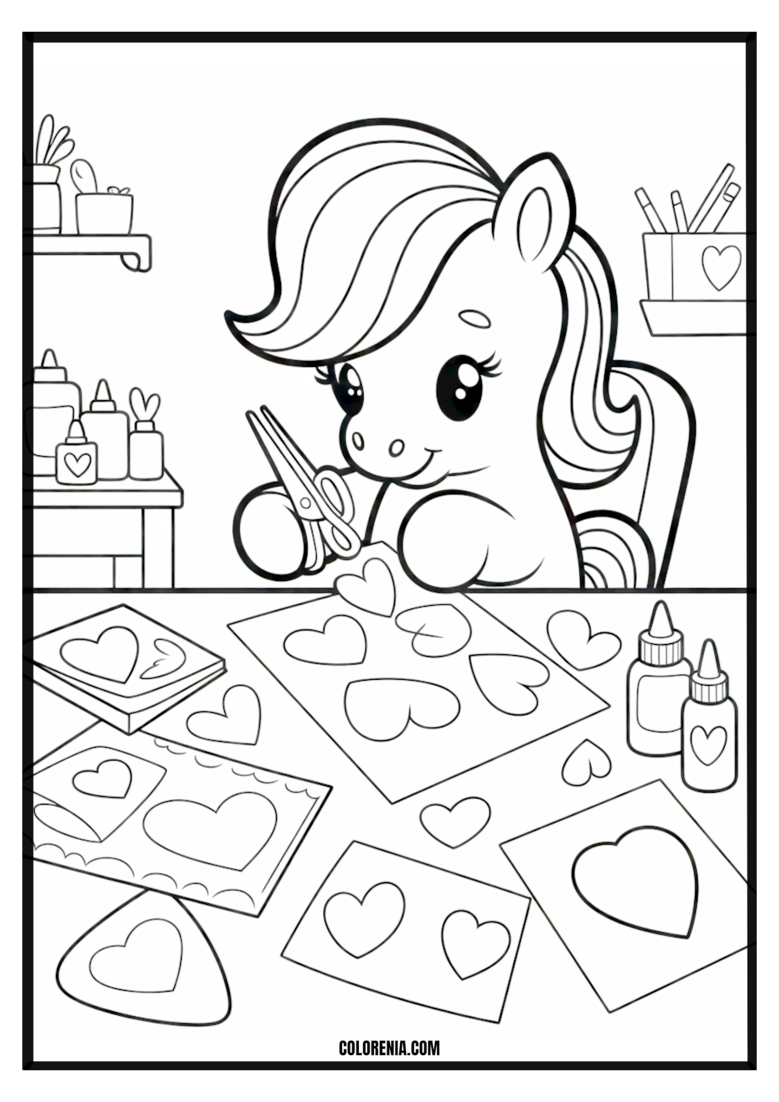 Cute Pony Cutting Heart Shapes Coloring Page Cute pony cutting heart shapes coloring page.