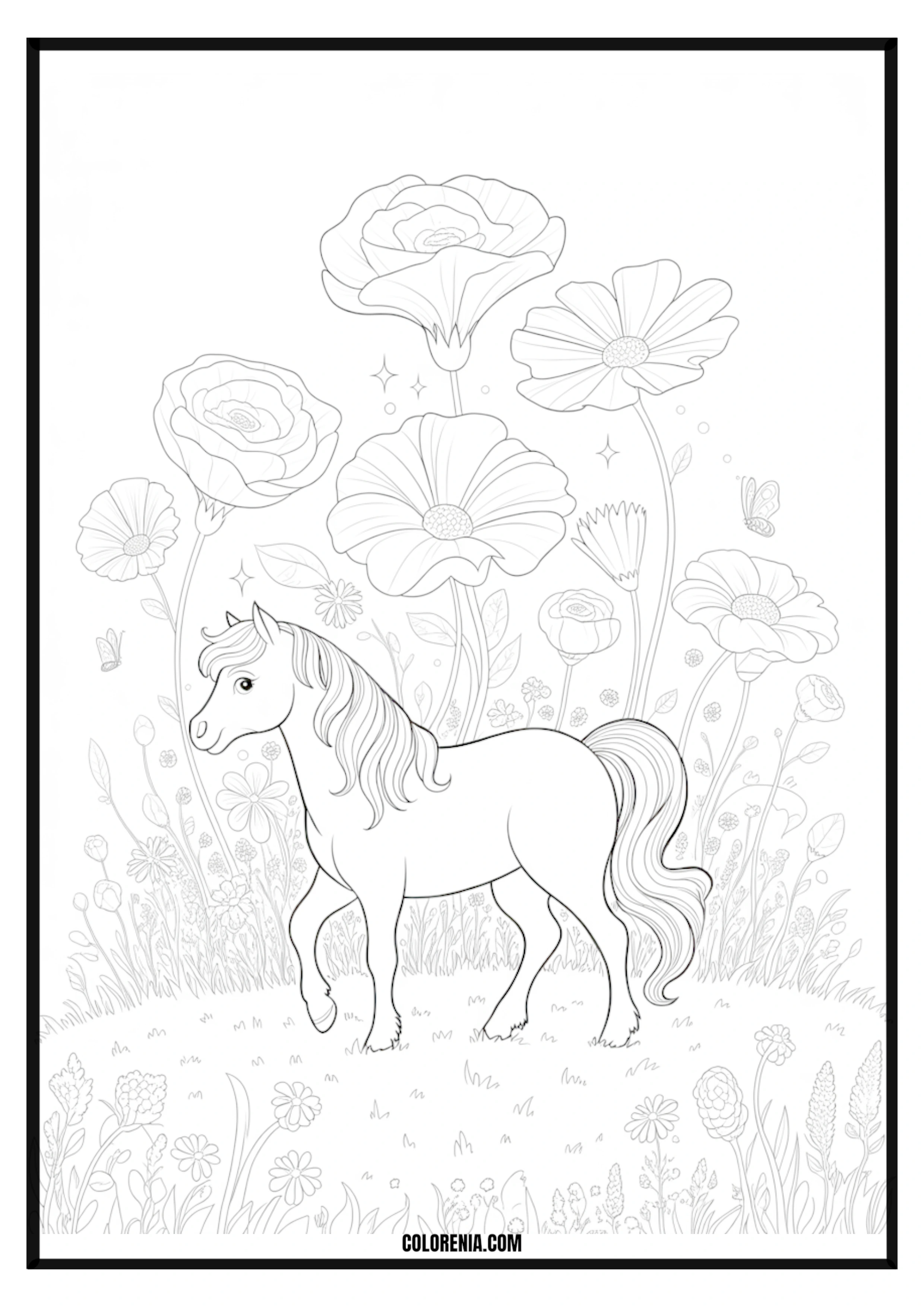 Cute Pony in Flower Meadow Coloring Page Cute pony in a beautiful flower meadow coloring page.