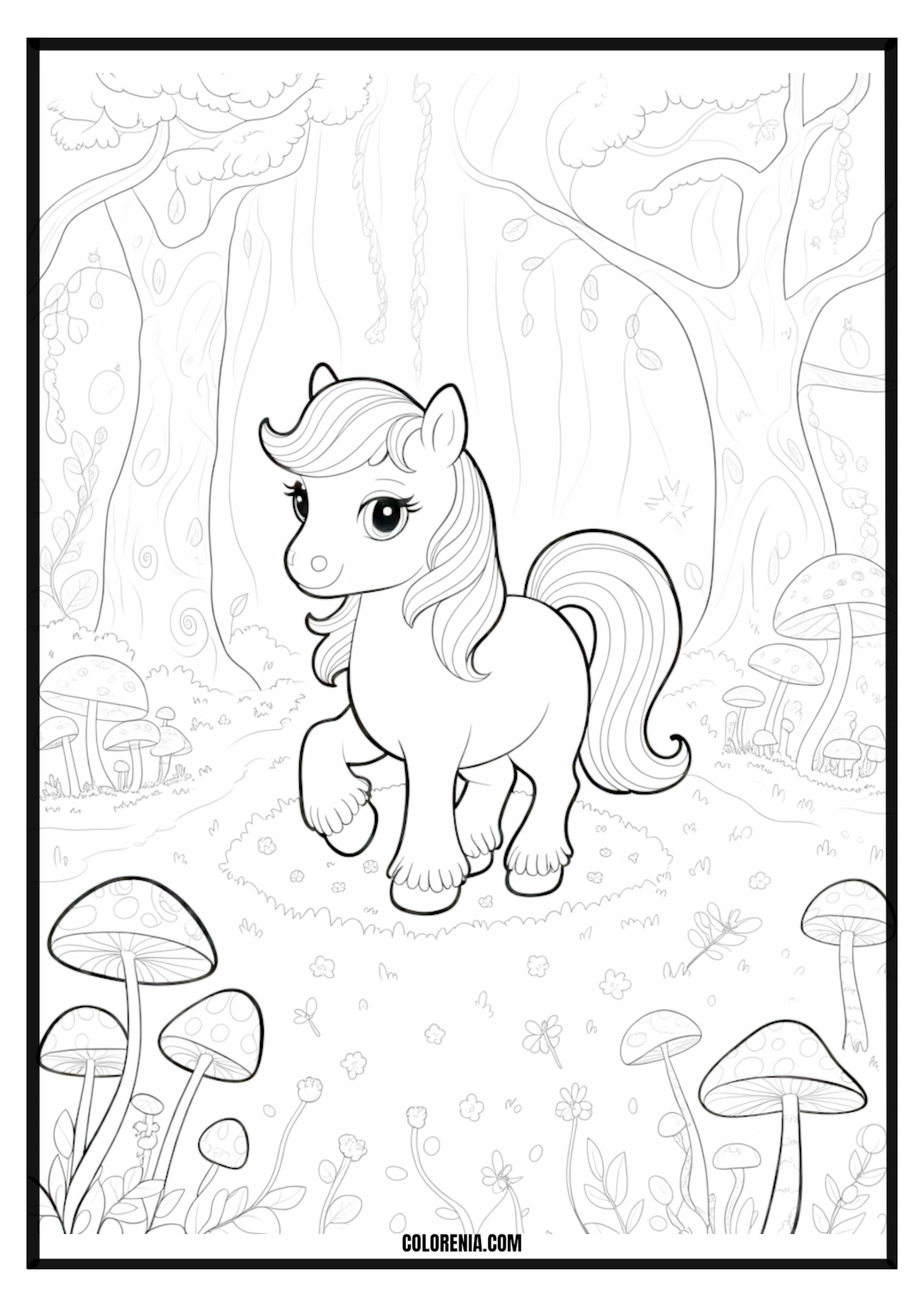 Cute Pony in Mushroom Forest Coloring Page Cute pony in a magical mushroom forest coloring page.