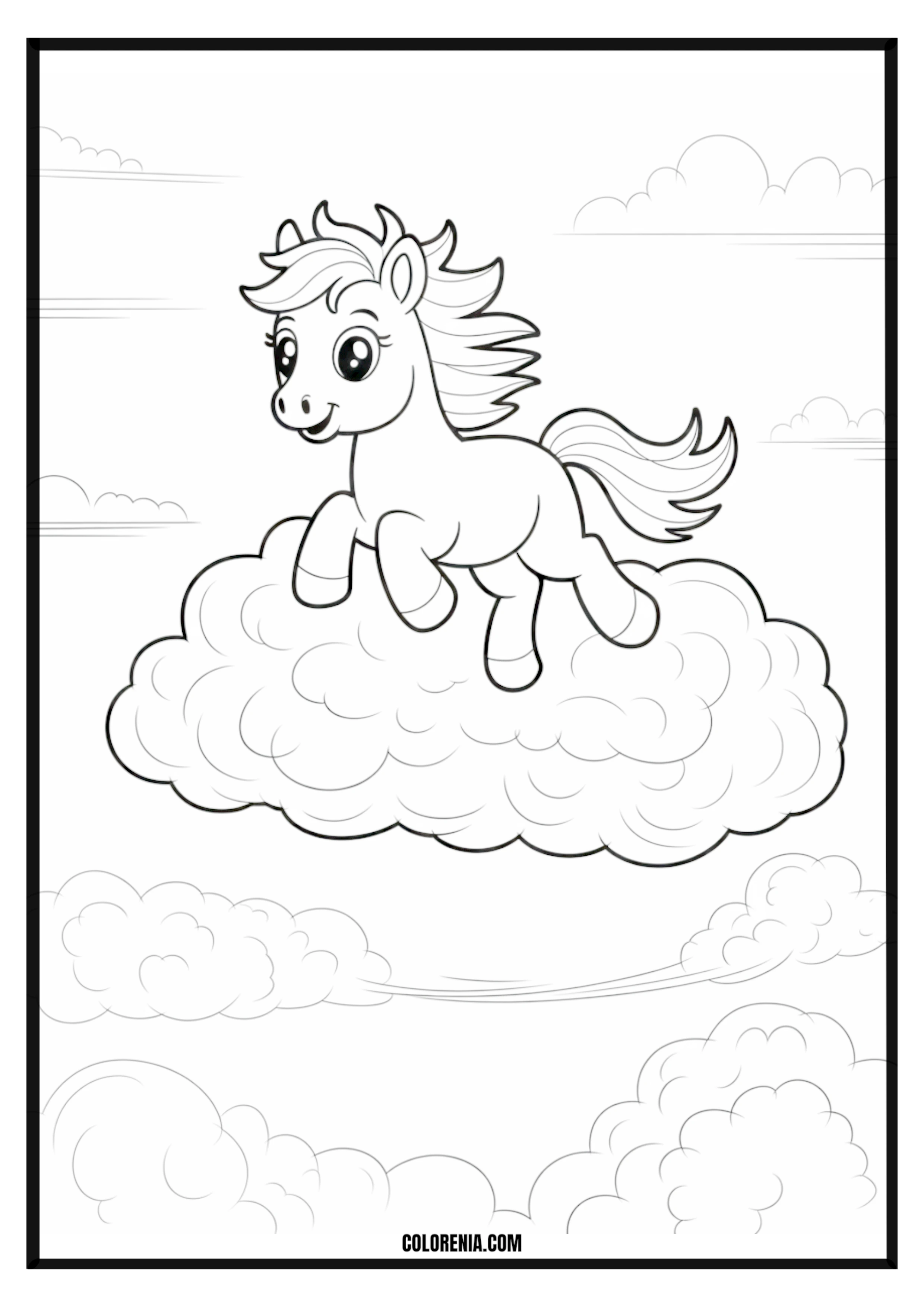 Cute Pony on a Cloud Coloring Page Cute pony floating on a cloud in the sky coloring page.