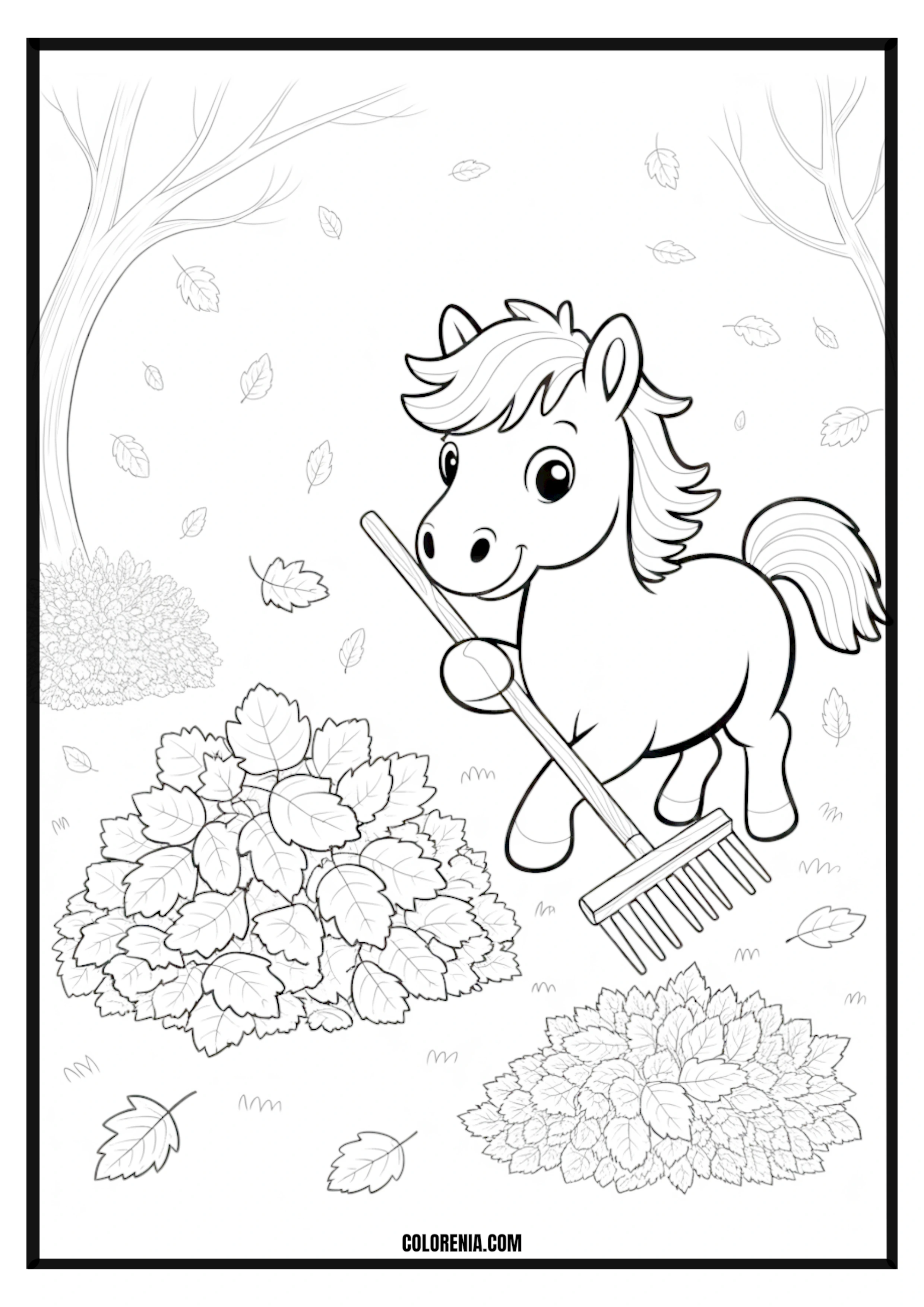 Cute Pony Raking Autumn Leaves Coloring Page Cute pony raking autumn leaves coloring page.
