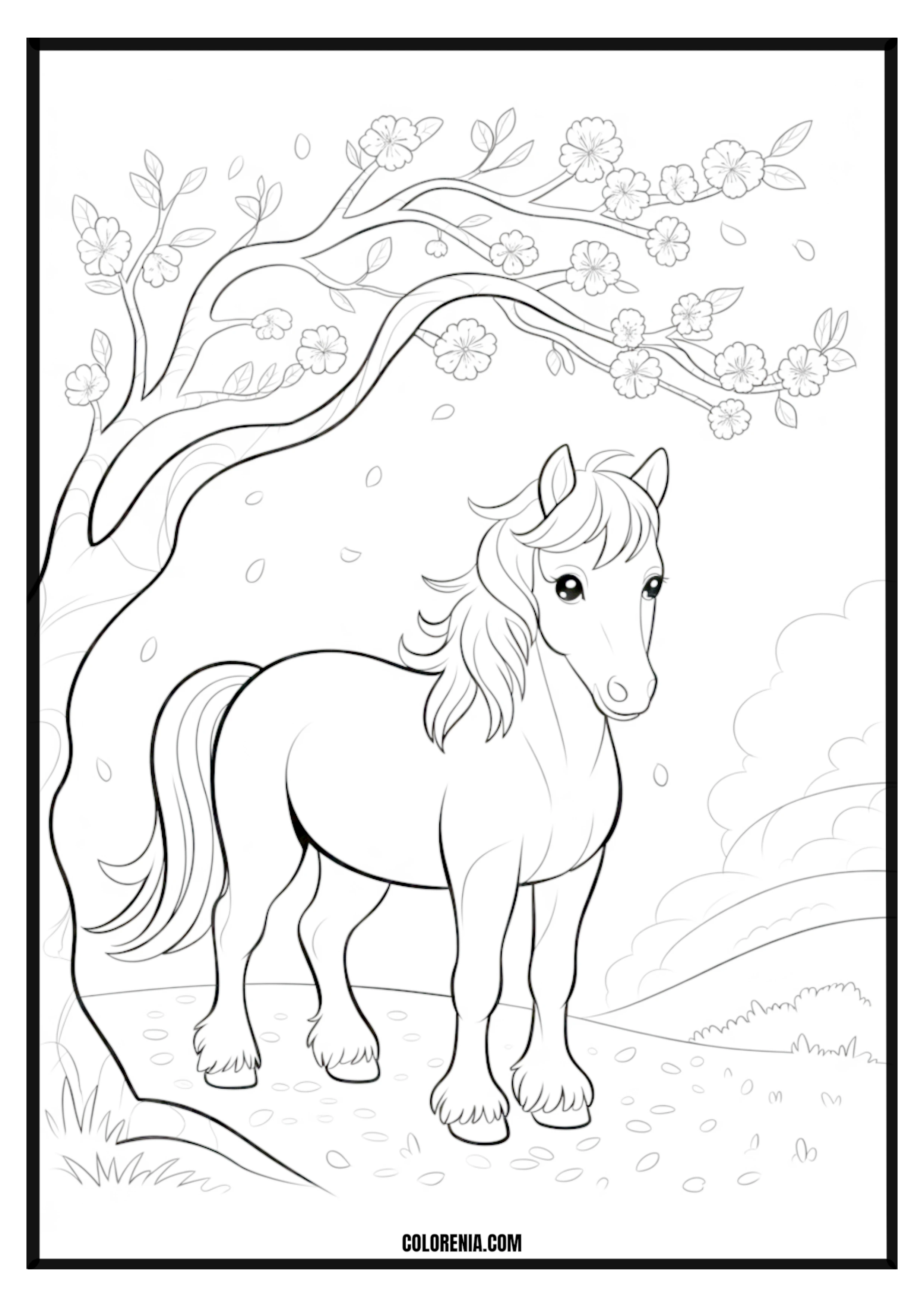 Cute Pony Under Blooming Tree Coloring Page Cute pony under a blooming tree coloring page.