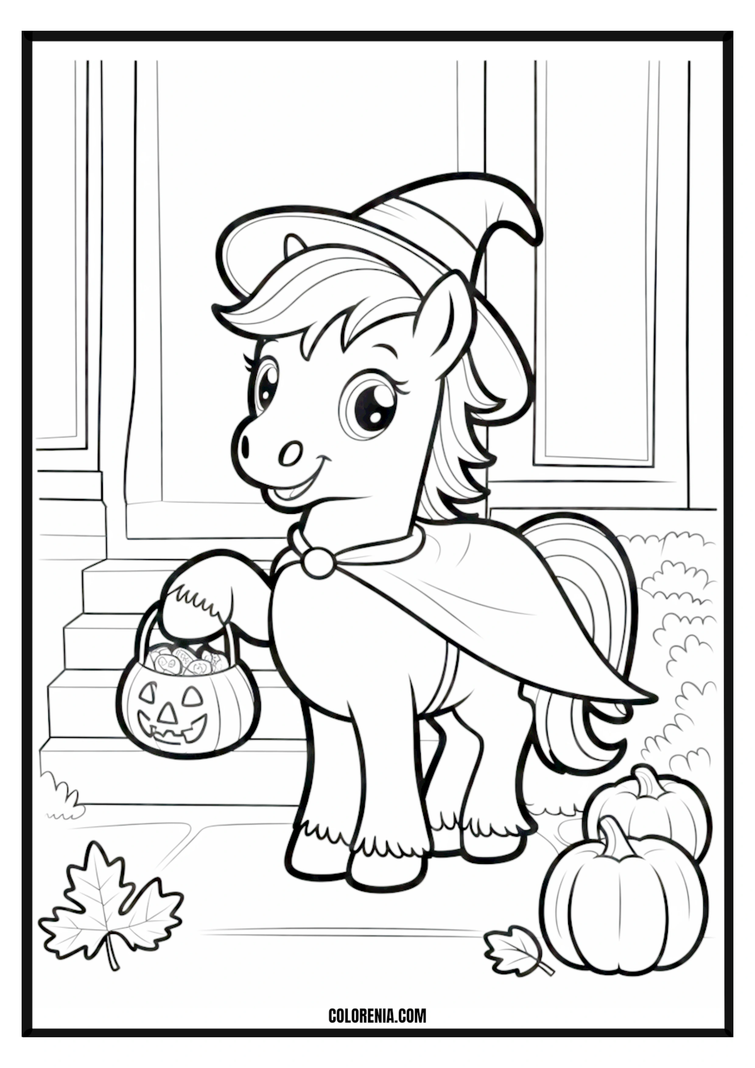 Cute Pony Witch Trick or Treating Cute pony witch trick or treating for Halloween coloring page.