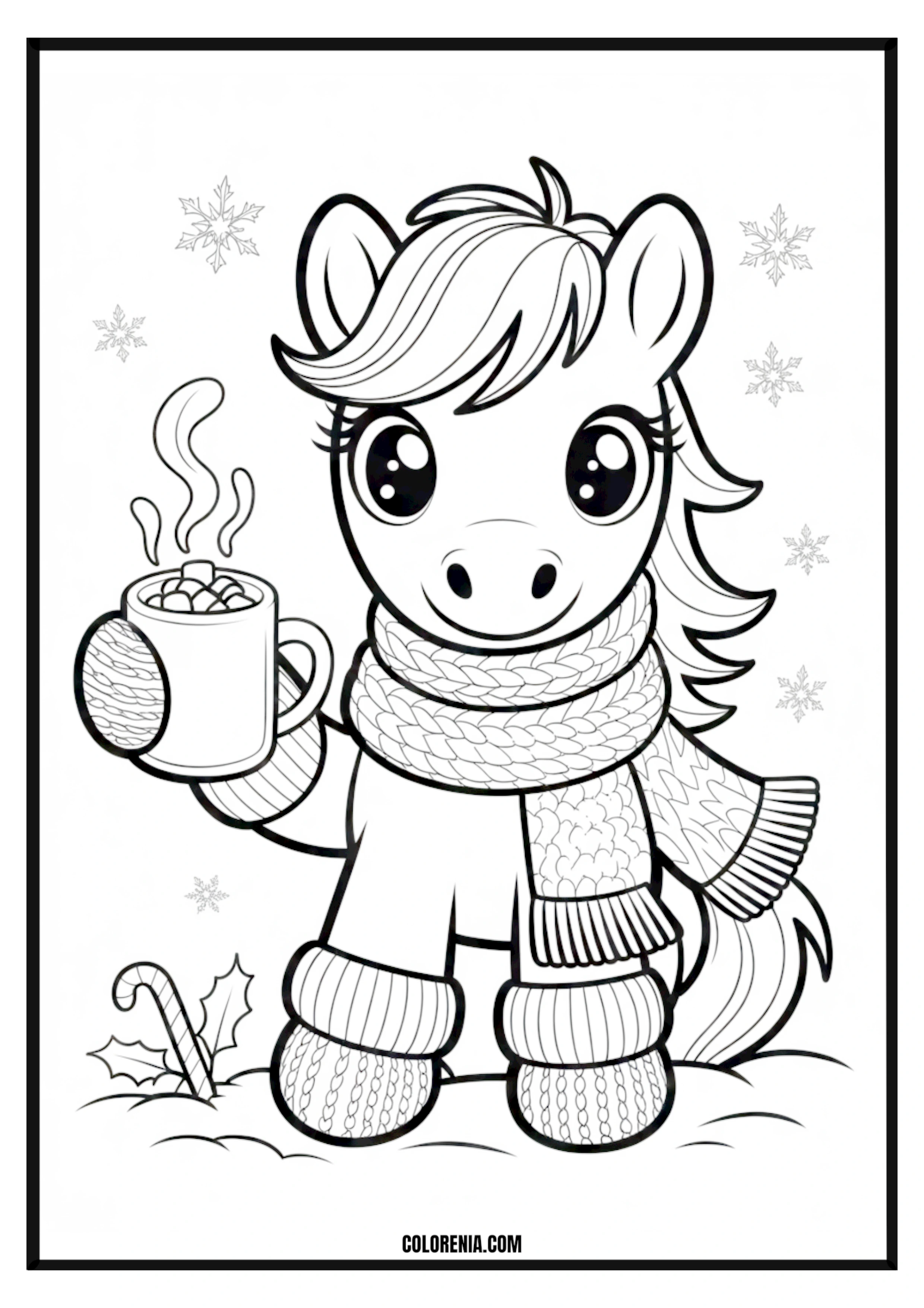 Cute Pony with Hot Chocolate and Snowflakes Cute pony enjoying hot chocolate with snowflakes coloring page.