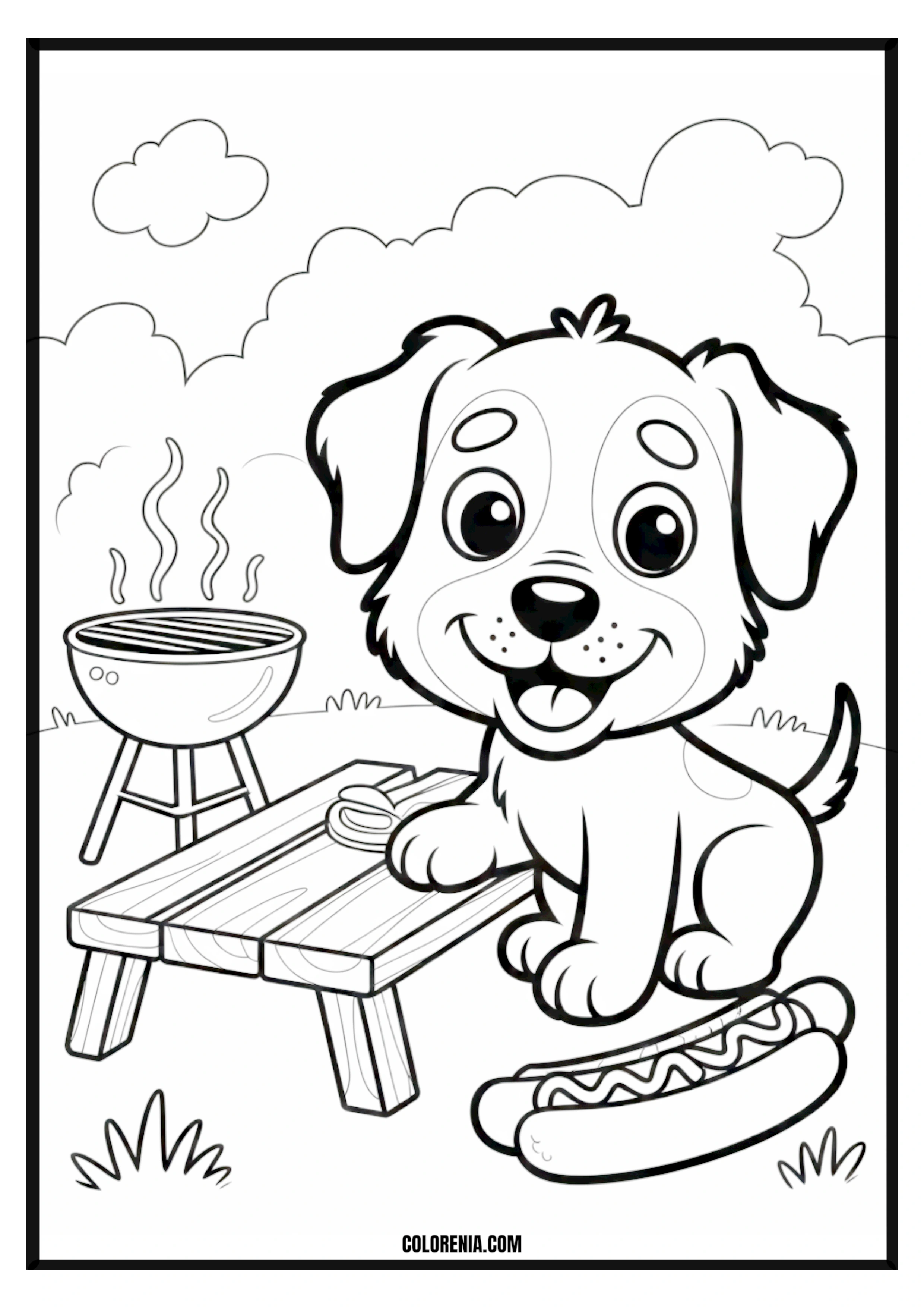 Printable Cute Puppy at a Barbecue Picnic Coloring Page Cute puppy enjoying a barbecue picnic, festive outdoor scene.