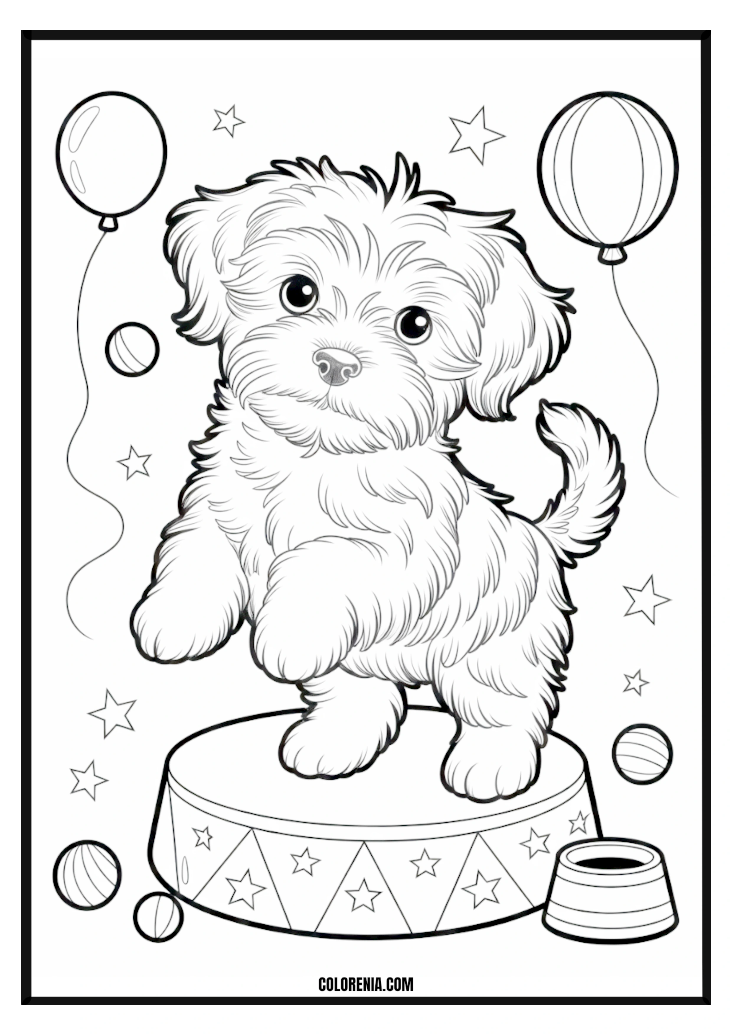 Printable Cute Puppy Circus Coloring Page Cute puppy performing in a circus with balloons, festive scene.