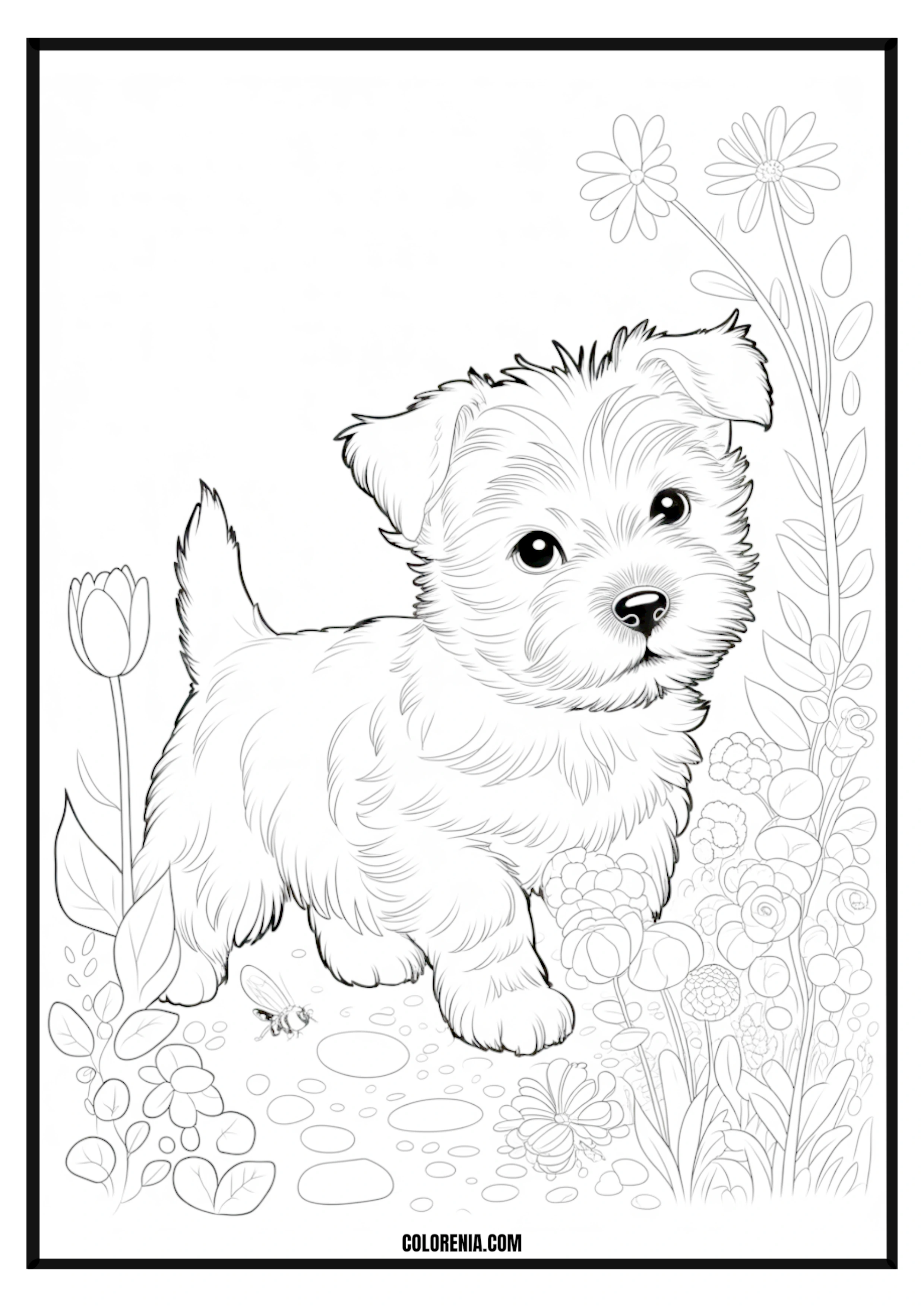 Printable Cute Puppy in Flower Garden Coloring Page Cute puppy playing happily in a vibrant flower garden, nature scene.