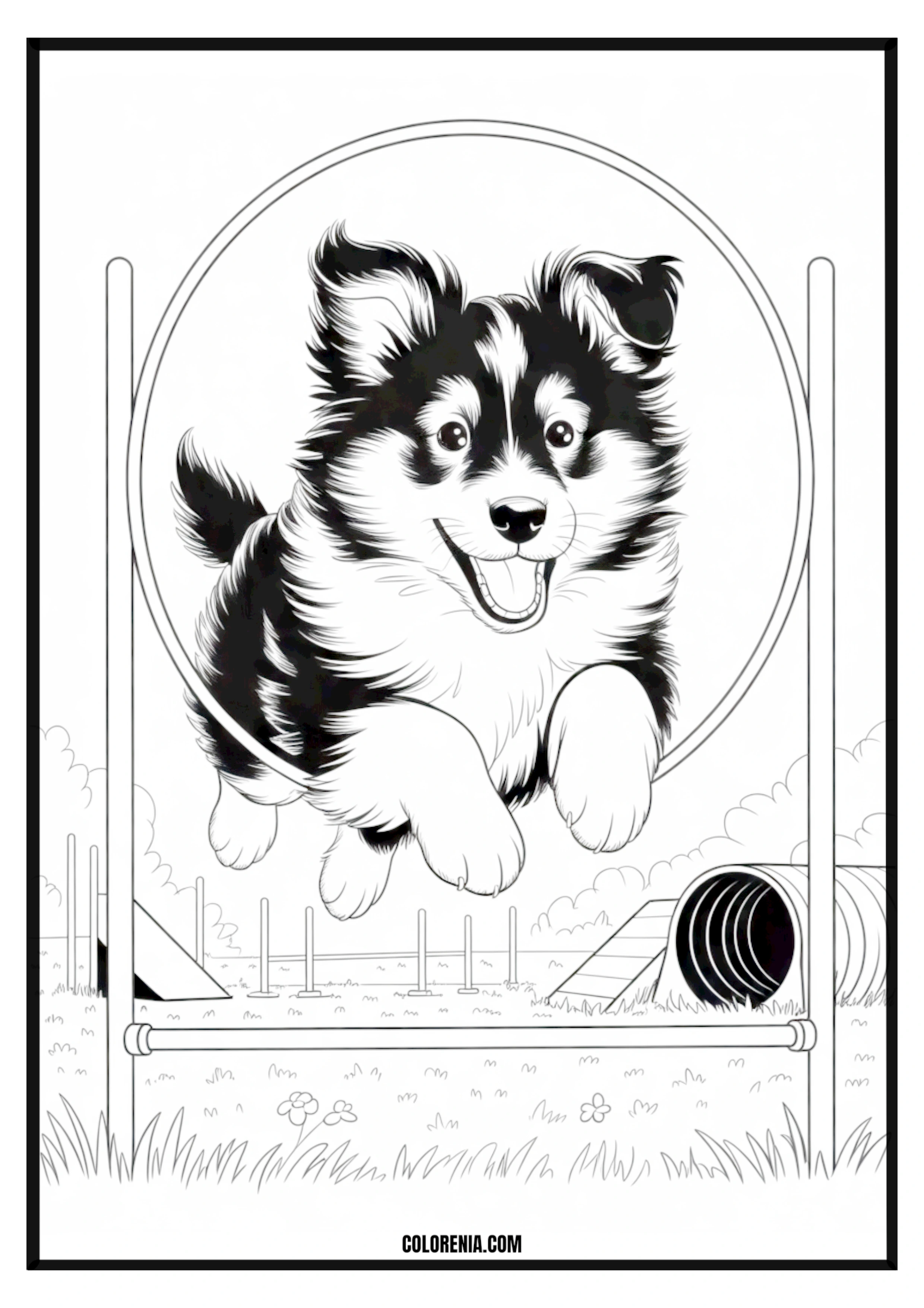 Printable Cute Puppy Jumping Agility Hoop Coloring Page Cute puppy confidently jumping through an agility hoop, dog sports.