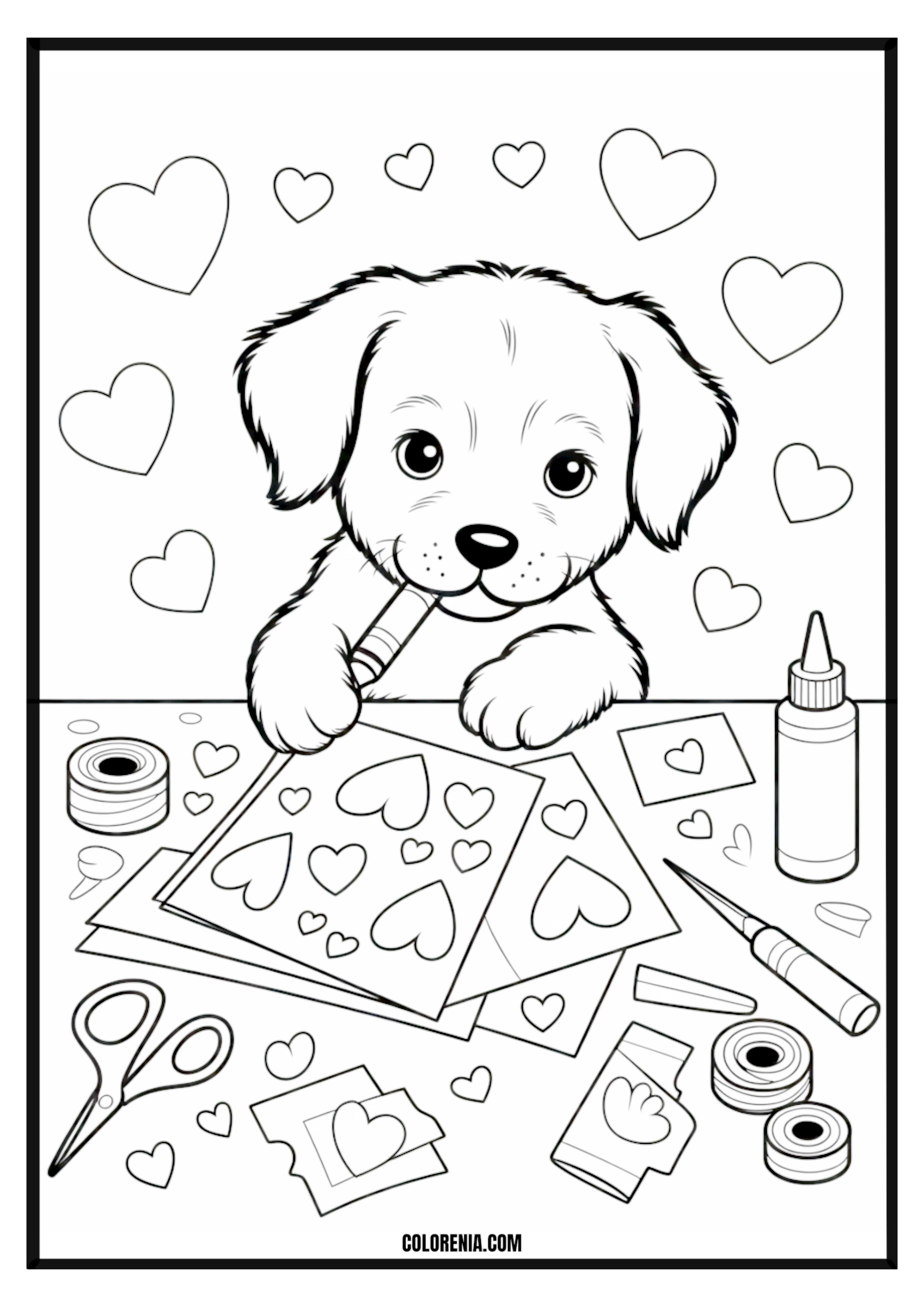 Printable Cute Puppy Making Heart Crafts Coloring Page Cute puppy focused on making heart crafts, artistic and loving scene.