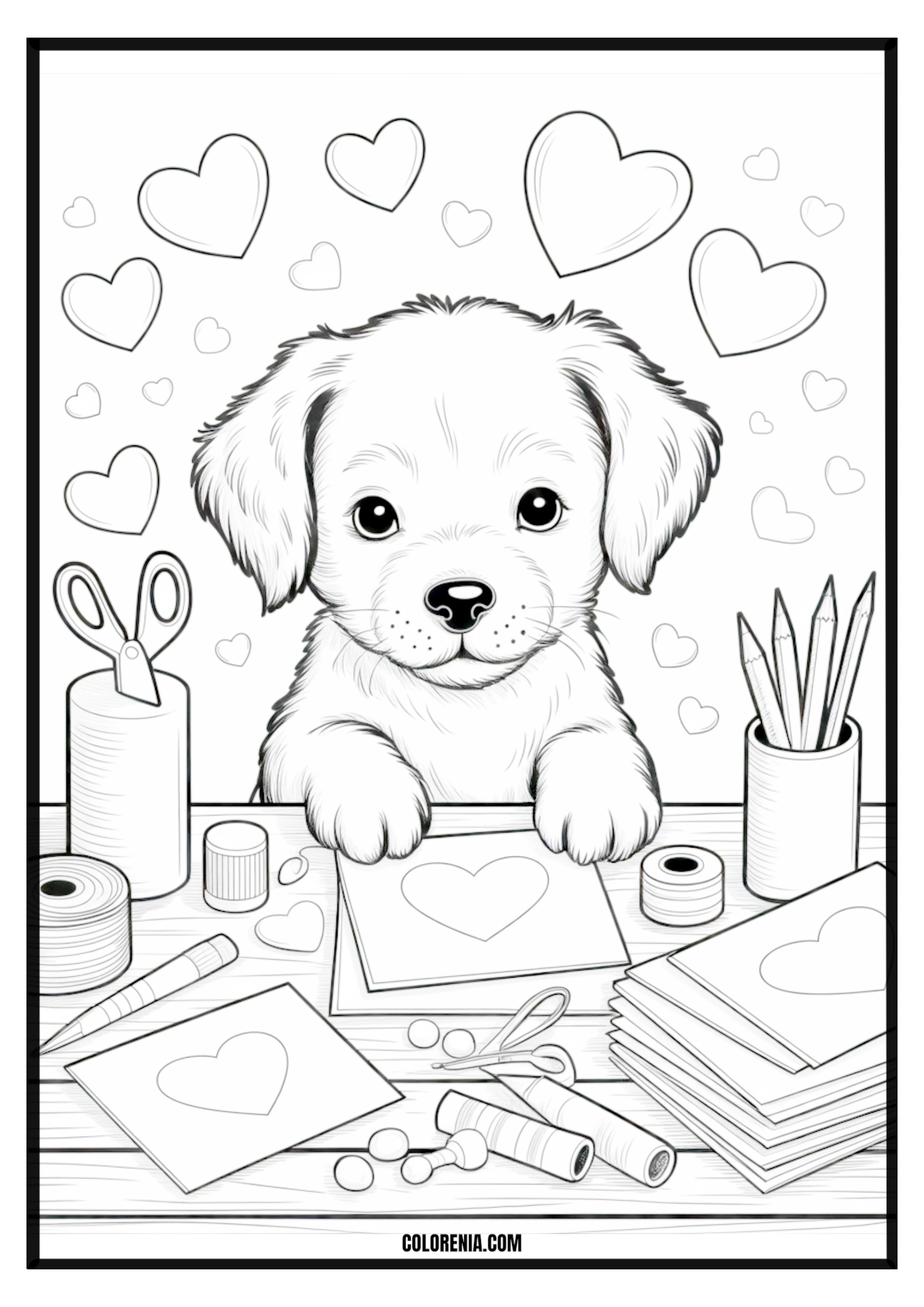 Printable Cute Puppy Making Hearts Coloring Page Cute puppy creating hearts, loving and playful art activity.