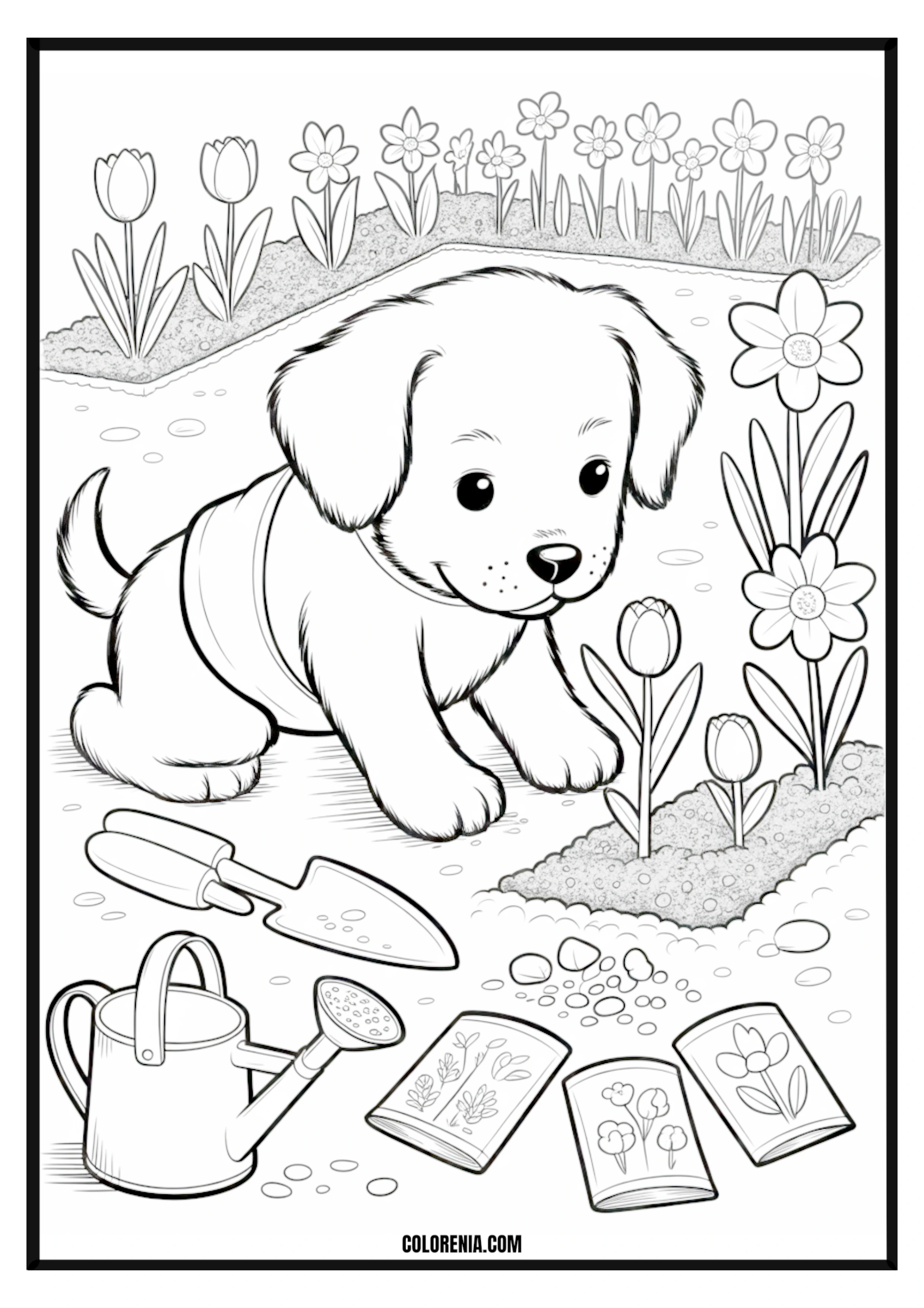 Printable Cute Puppy Planting Seeds in the Garden Coloring Page Cute puppy gardening, planting seeds in a flower pot.