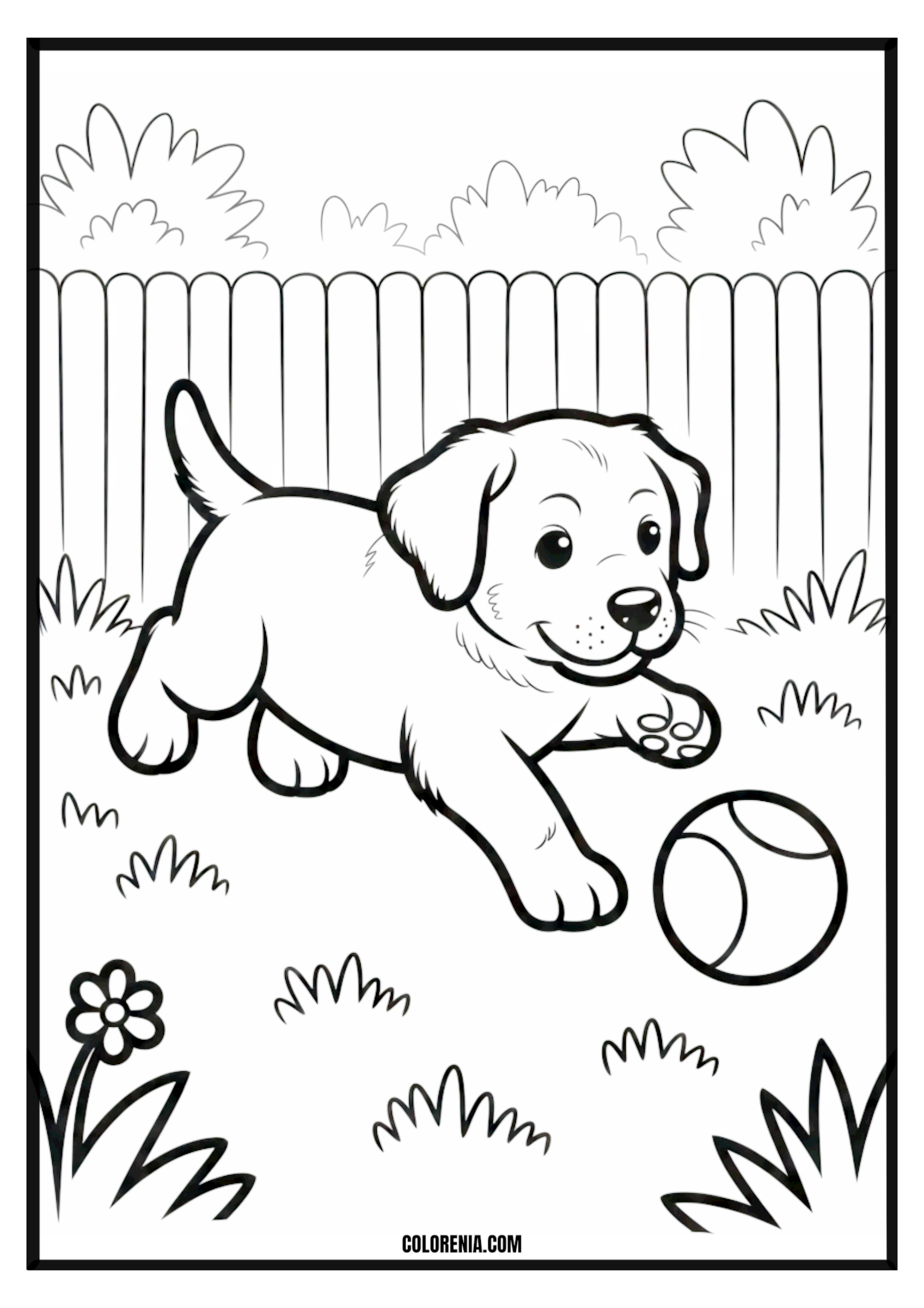 Printable Cute Puppy Plays with Ball Coloring Page Cute puppy playfully chasing or holding a ball, active dog scene.