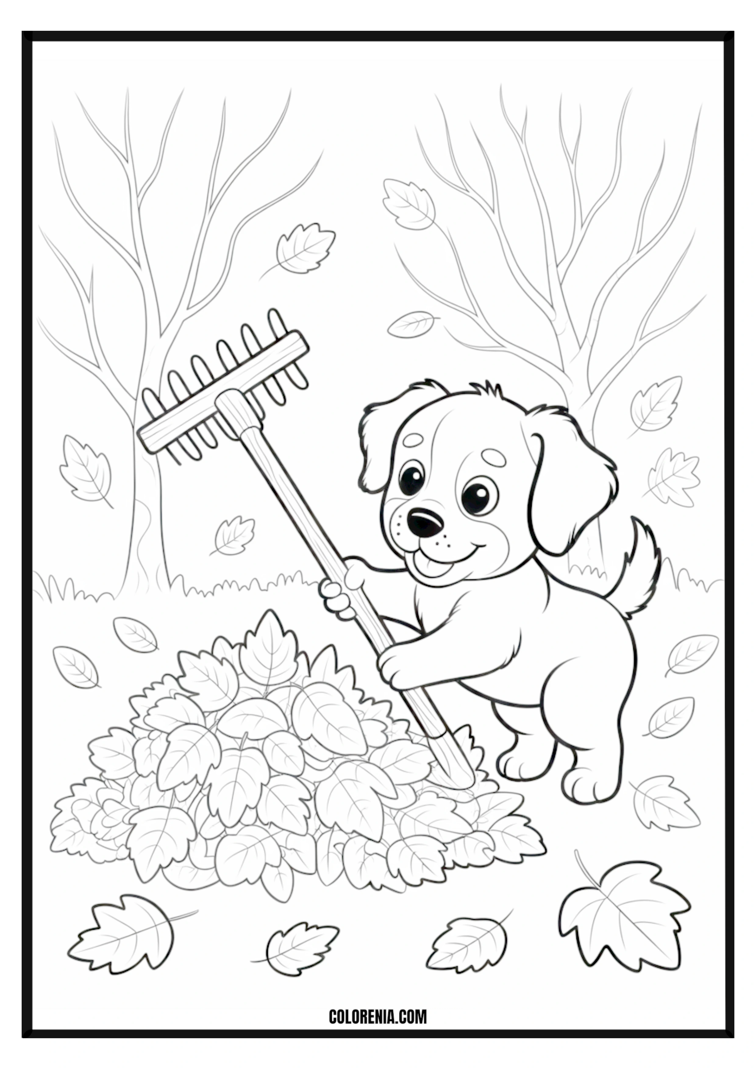 Printable Cute Puppy Rakes Autumn Leaves Coloring Page Cute puppy helping to rake autumn leaves, fall seasonal activity.