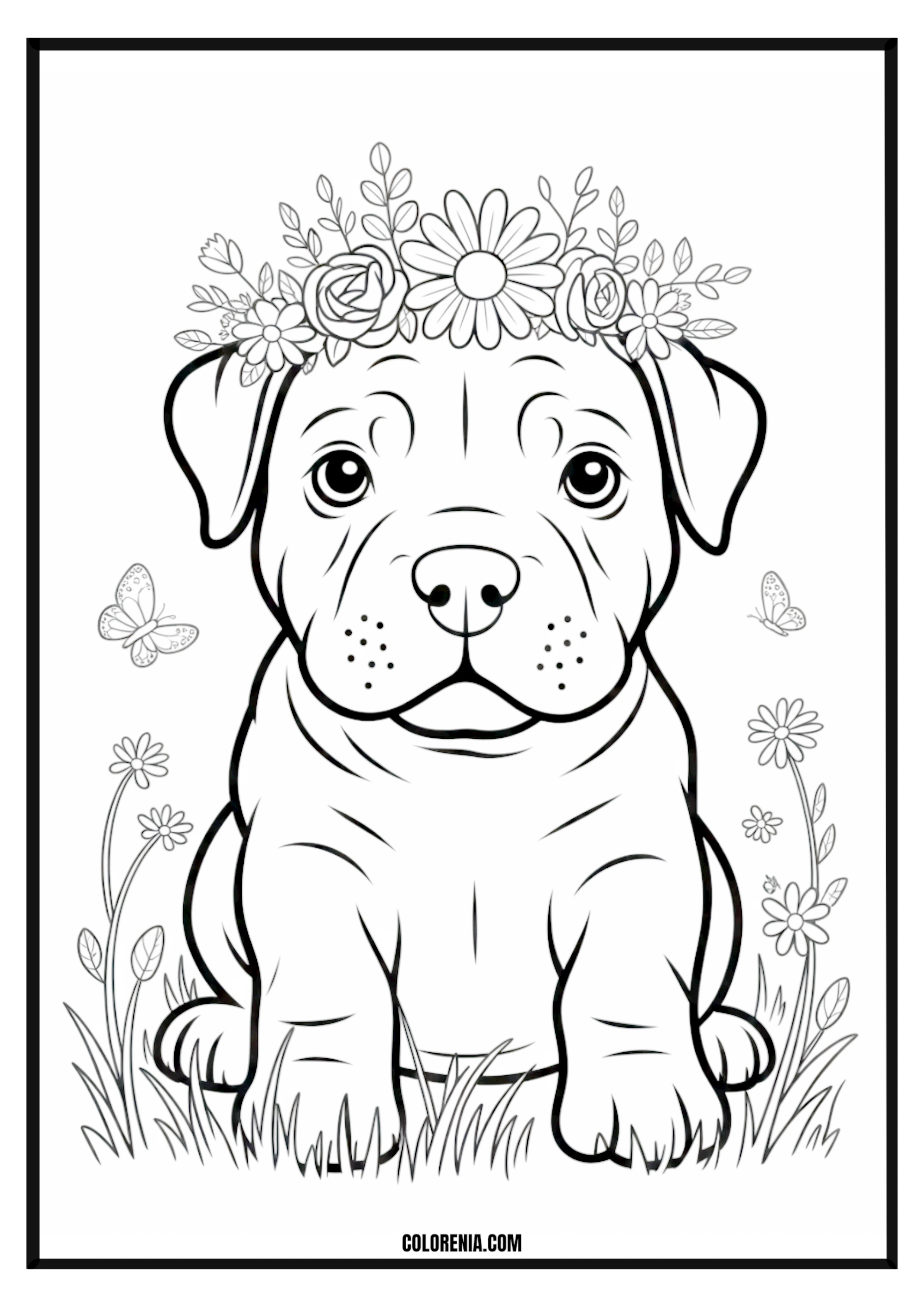 Printable Cute Puppy with Flower Crown Coloring Page Cute puppy wearing a beautiful flower crown, whimsical and charming.