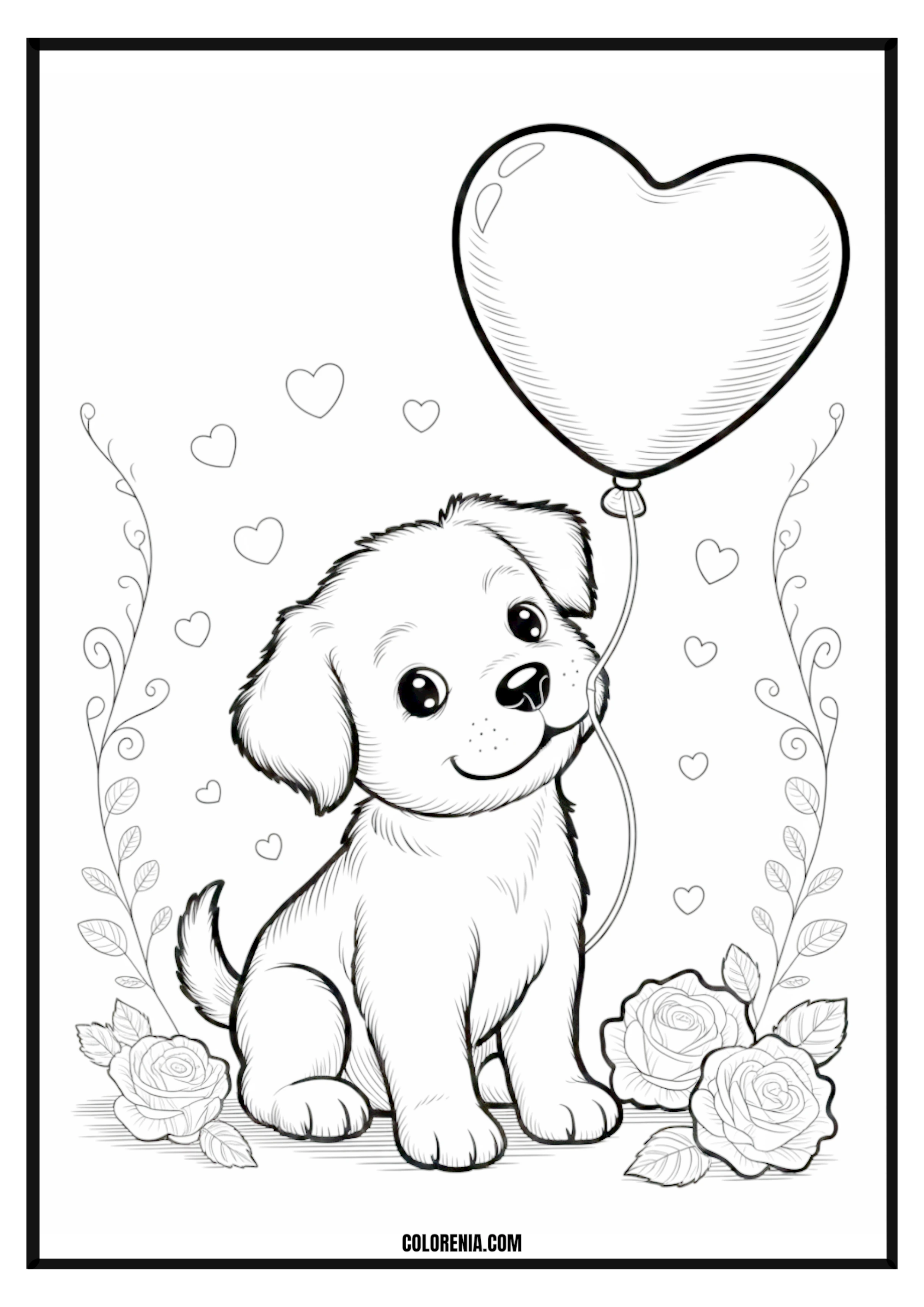 Printable Cute Puppy with Heart Balloon Coloring Page Cute puppy holding a heart-shaped balloon, loving and cheerful scene.