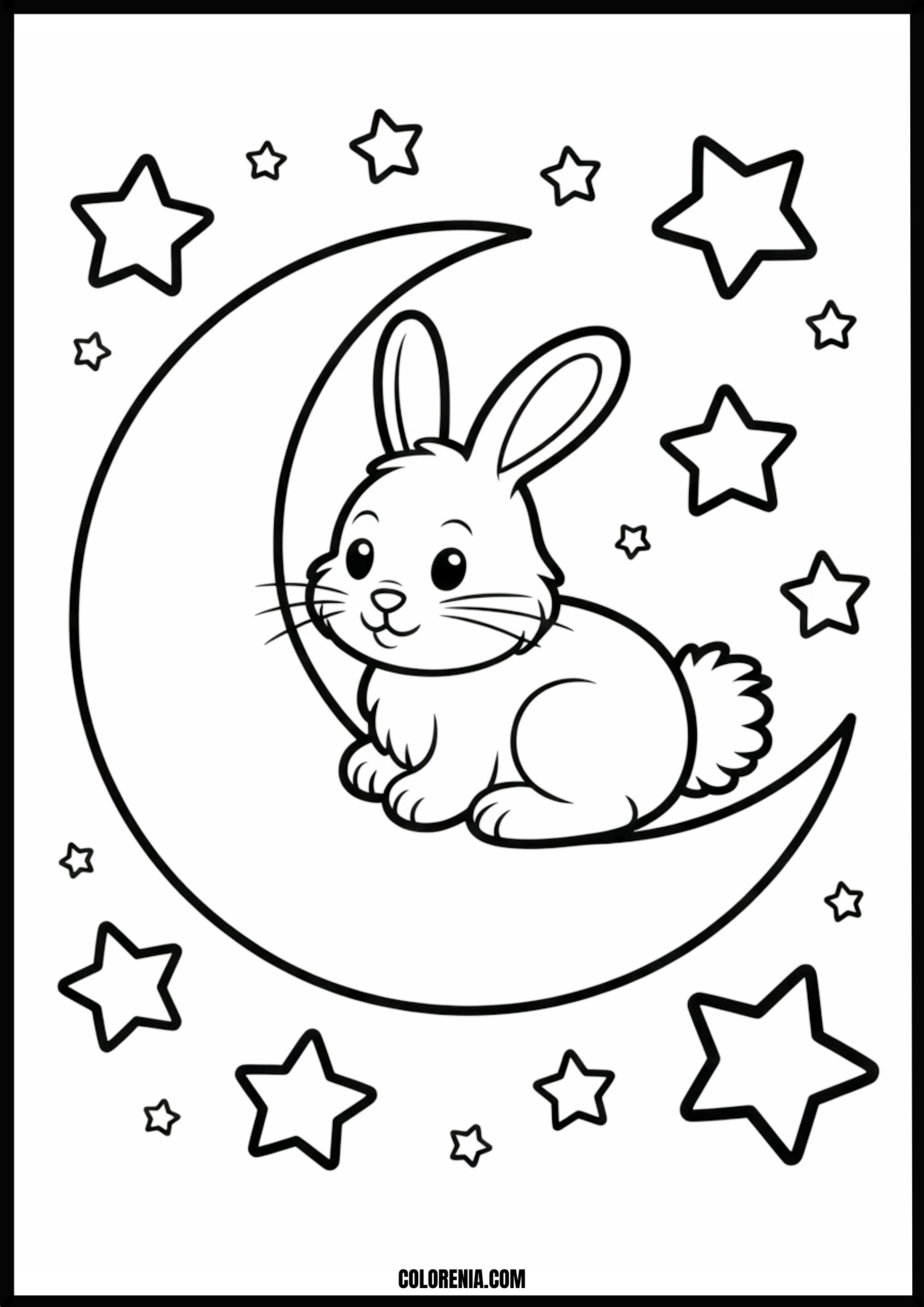 Cute Smiling Bunny On Moon With Stars Printable Coloring Page Coloring page of cute smiling bunny on moon with stars