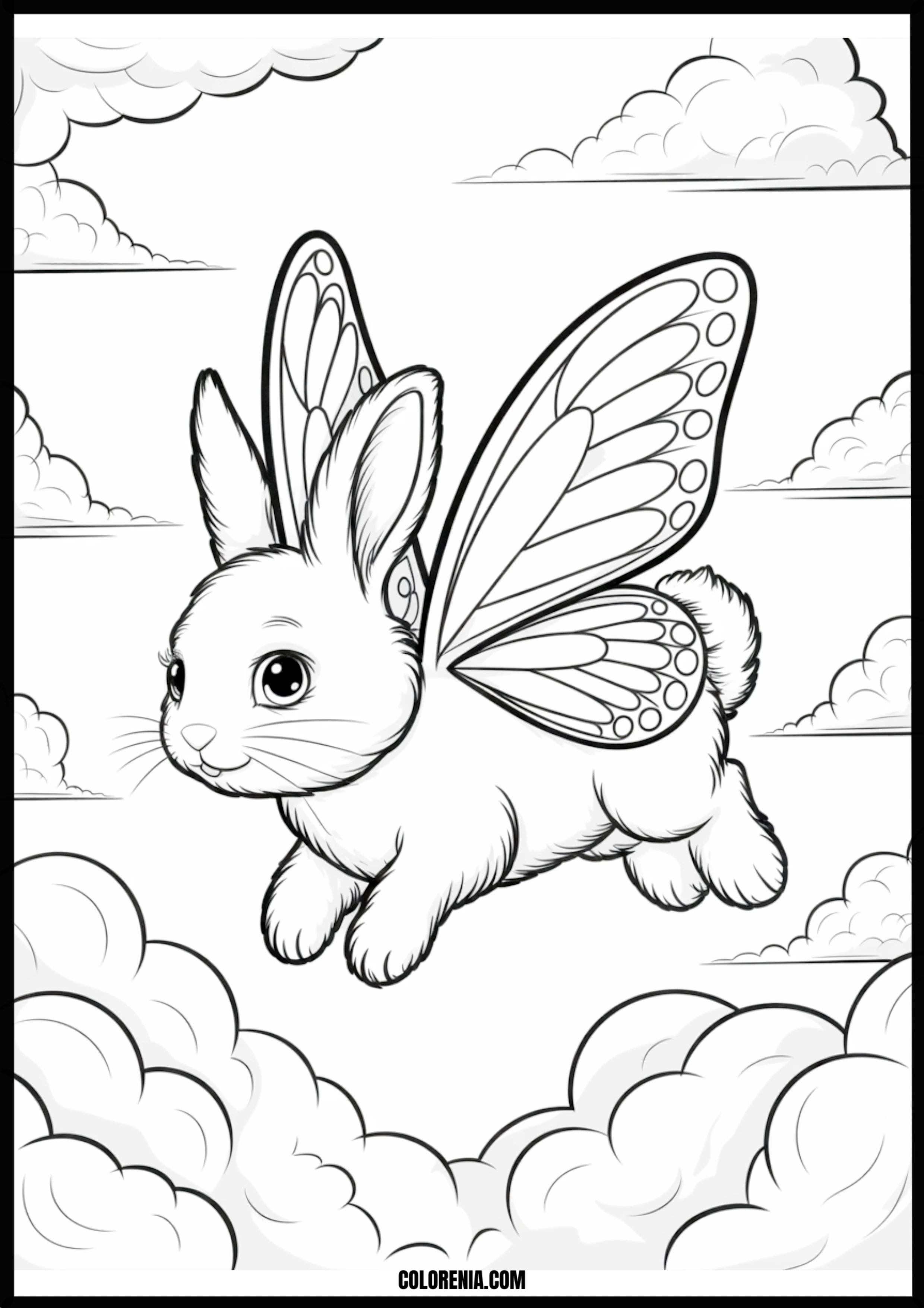 Cute Winged Bunny Flying In Clouds Printable Coloring Page Coloring page of cute winged bunny flying in clouds