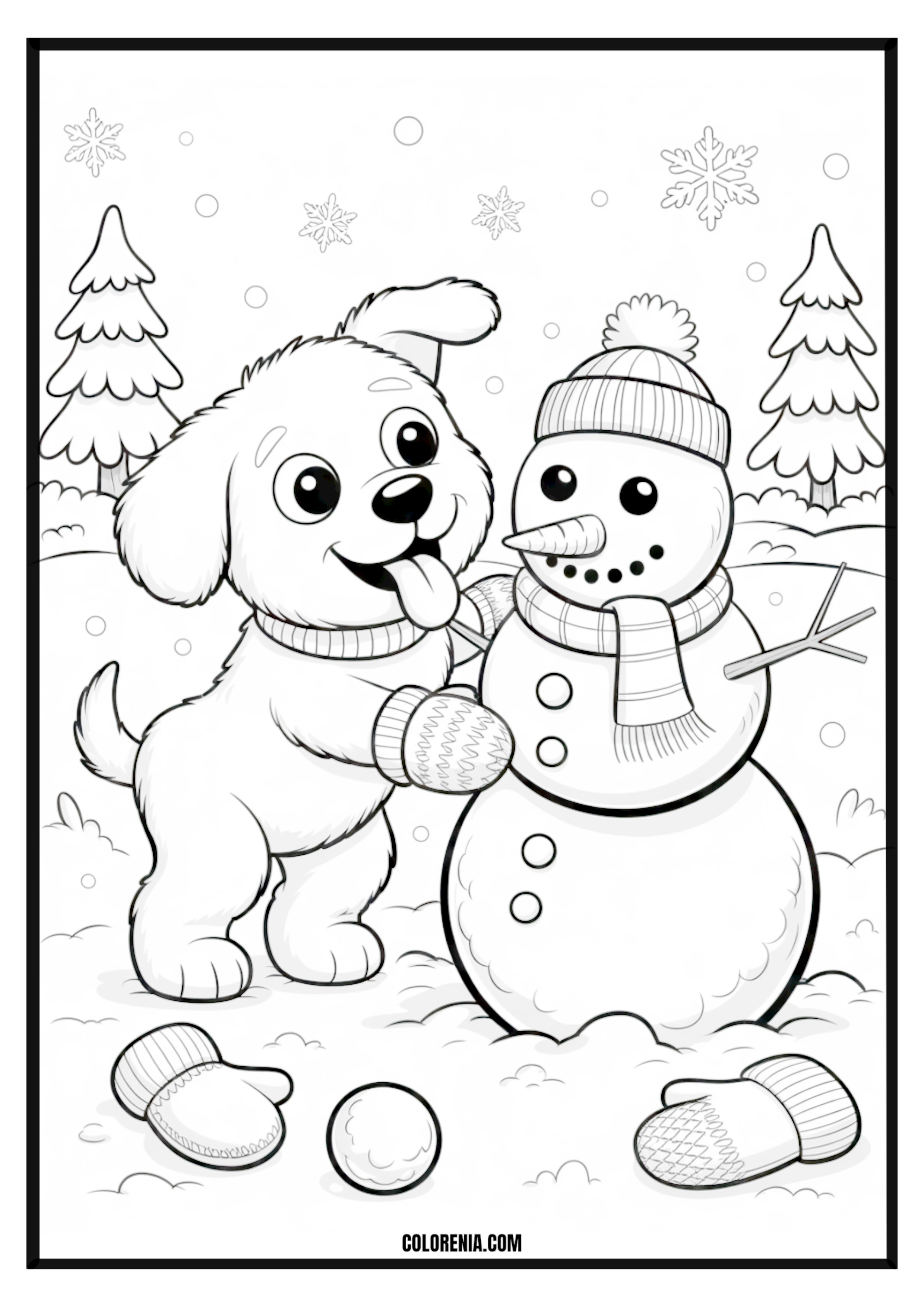 Printable Dog and Snowman Winter Coloring Page Friendly dog playing with a snowman in a winter wonderland, festive scene.