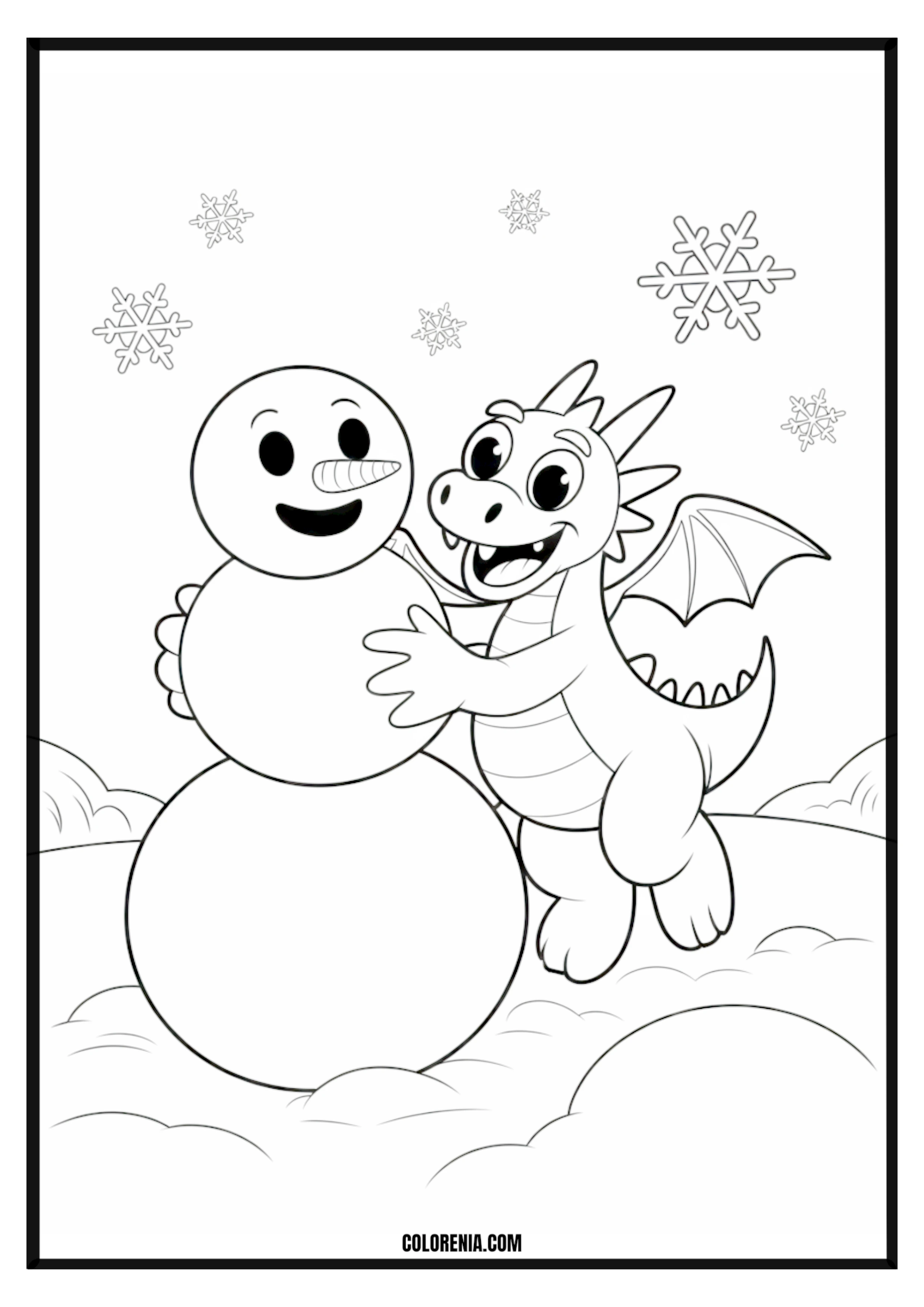 Dragon hugs snowman in falling snow