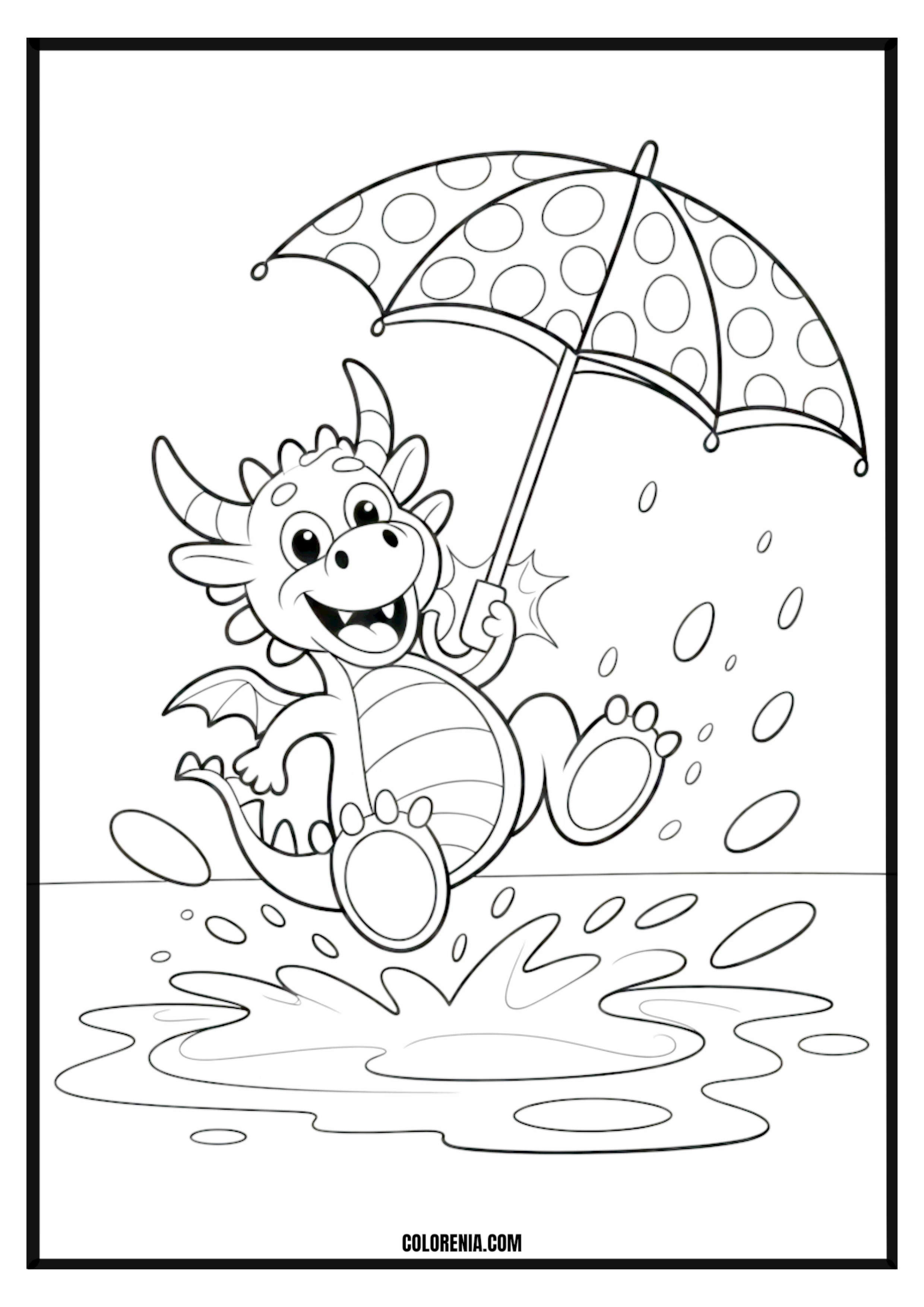 Dragon splashes in puddles with umbrella