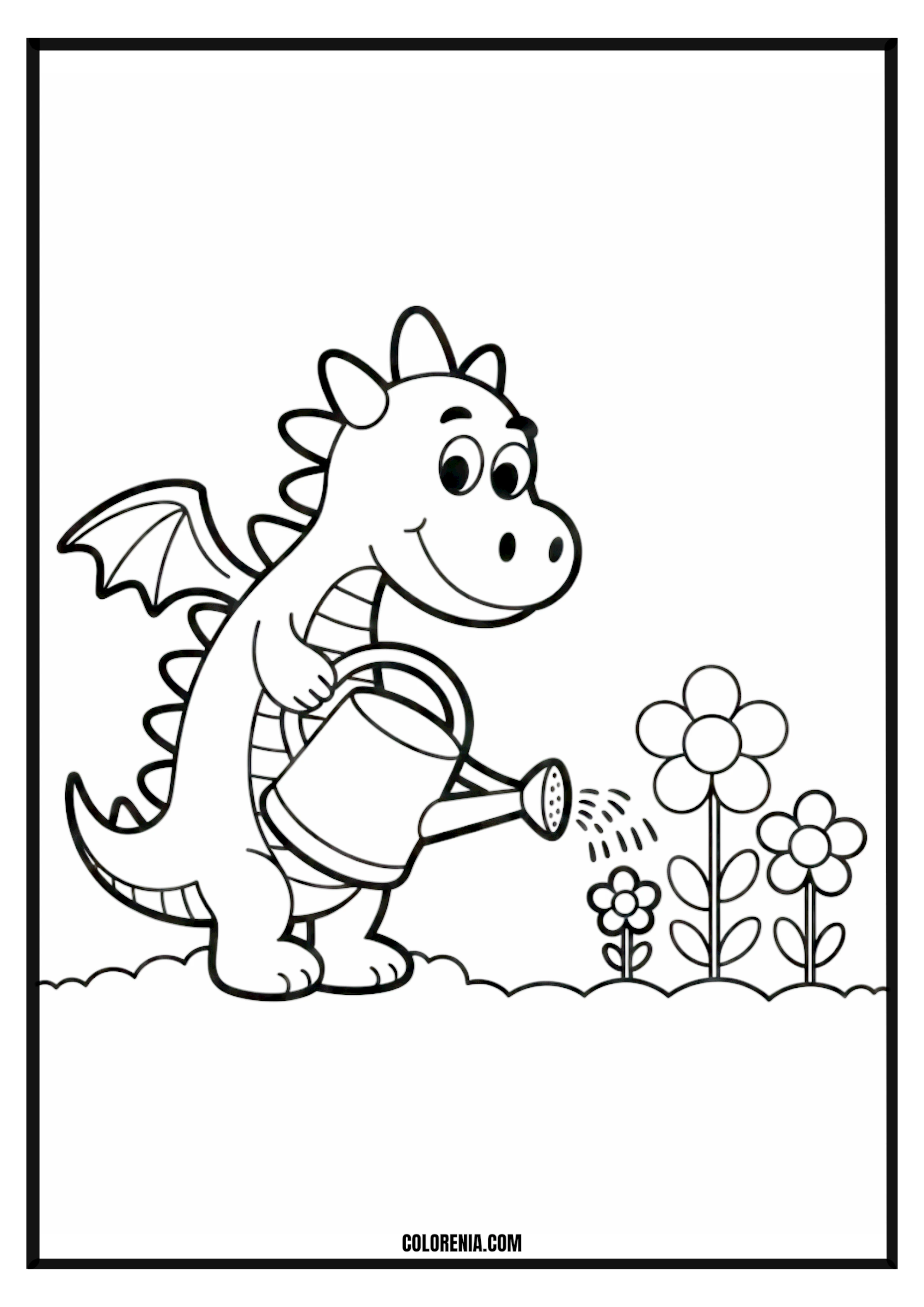 Dragon watering flowers coloring page