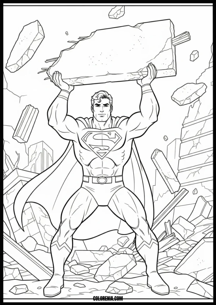 Dynamic_Superman_Hero_Lifting_Rubble_Coloring_Page-_Free_Printable_Activity_for_Kids