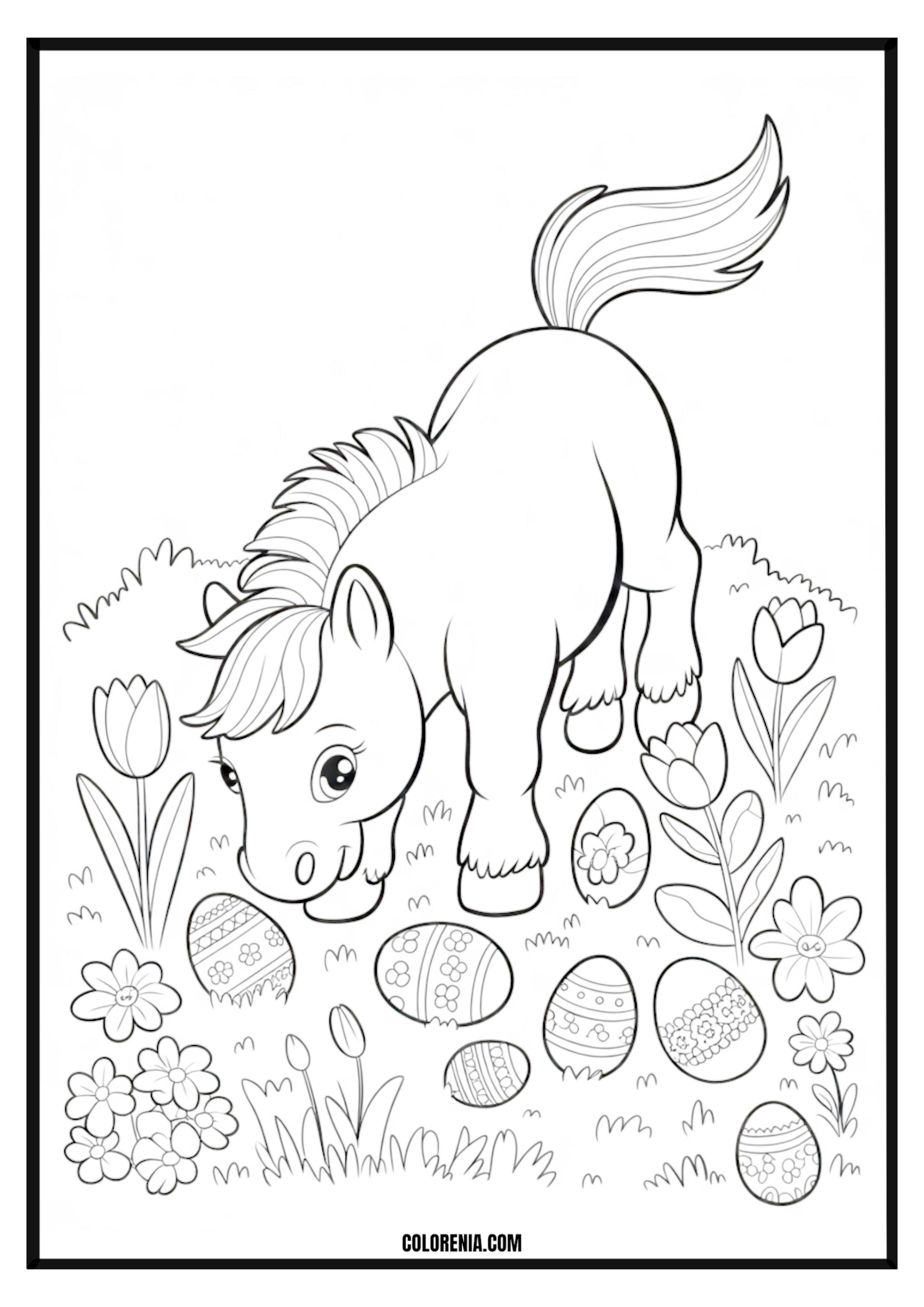 Easter Pony with Eggs and Spring Flowers Easter pony with eggs and spring flowers coloring page.