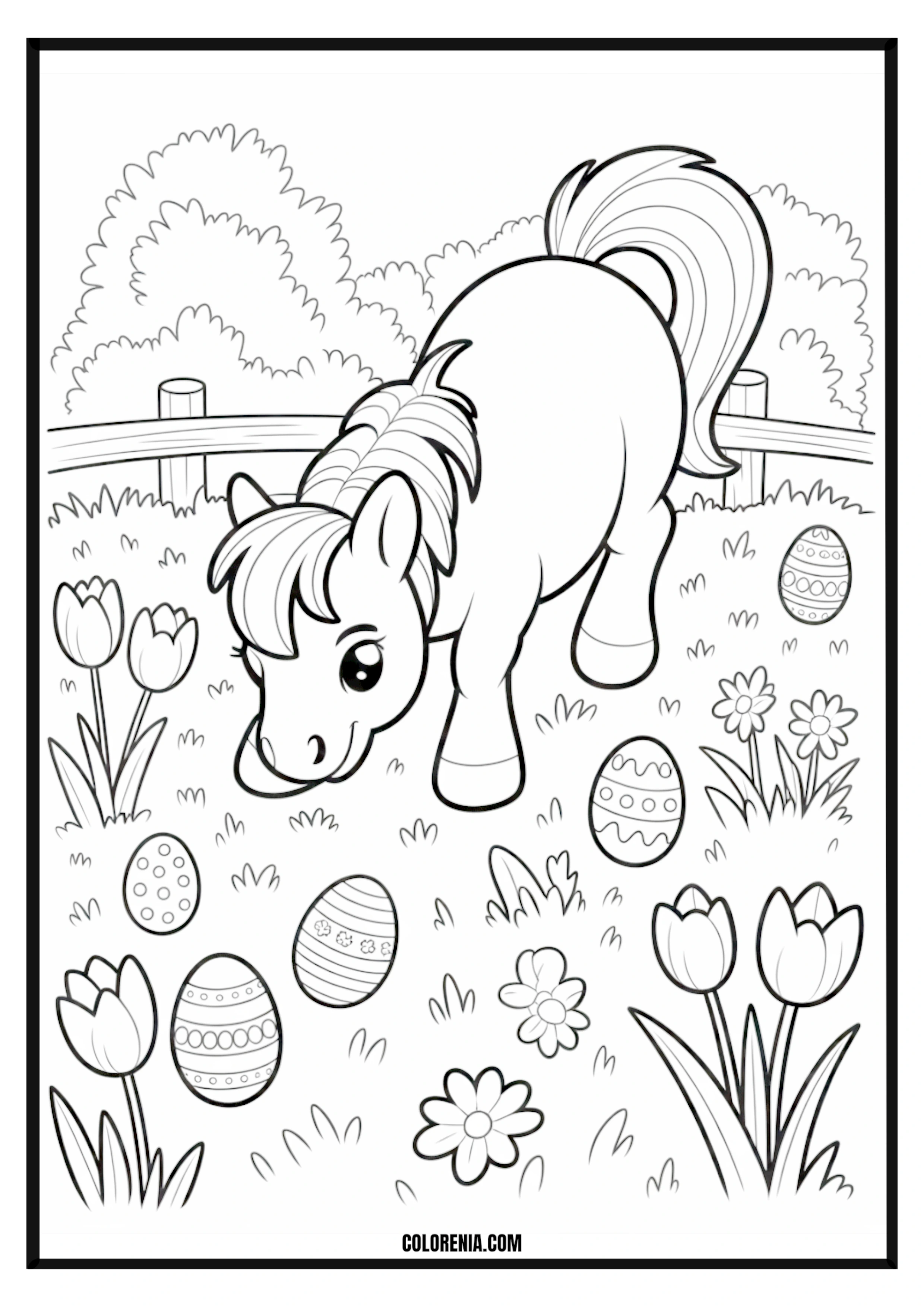 Easter Pony and Decorated Eggs Among Spring Flowers Easter pony with decorated eggs among spring flowers coloring page.