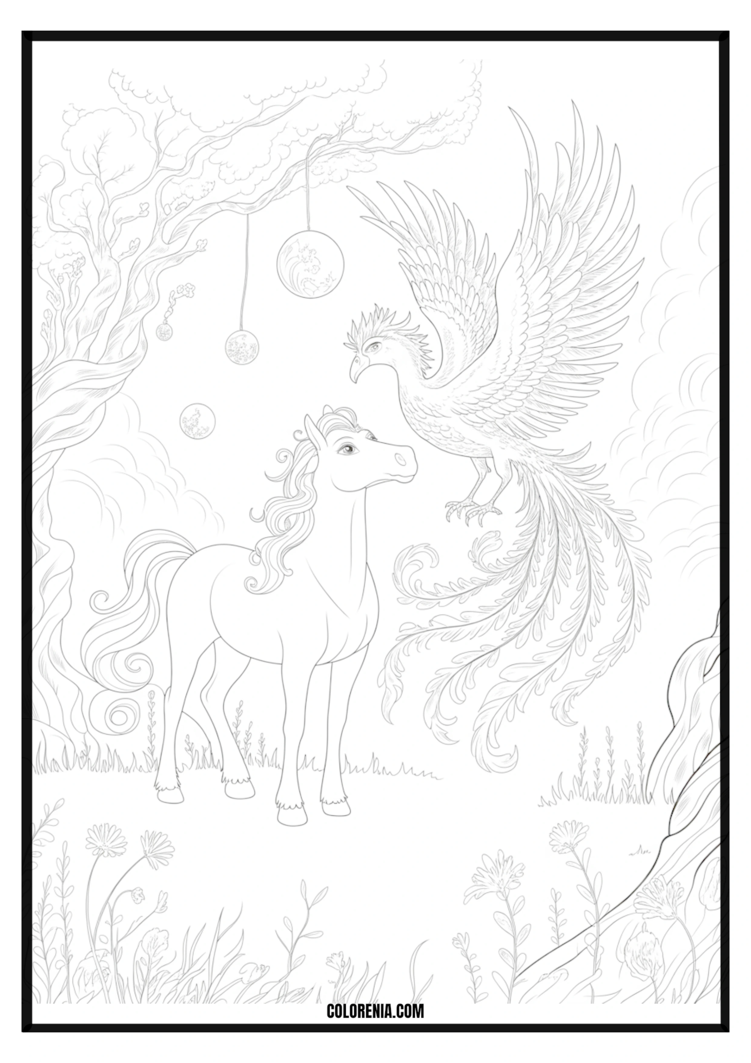 Enchanted Forest Horse and Phoenix Coloring Page Majestic horse and a phoenix in an enchanted forest coloring page.