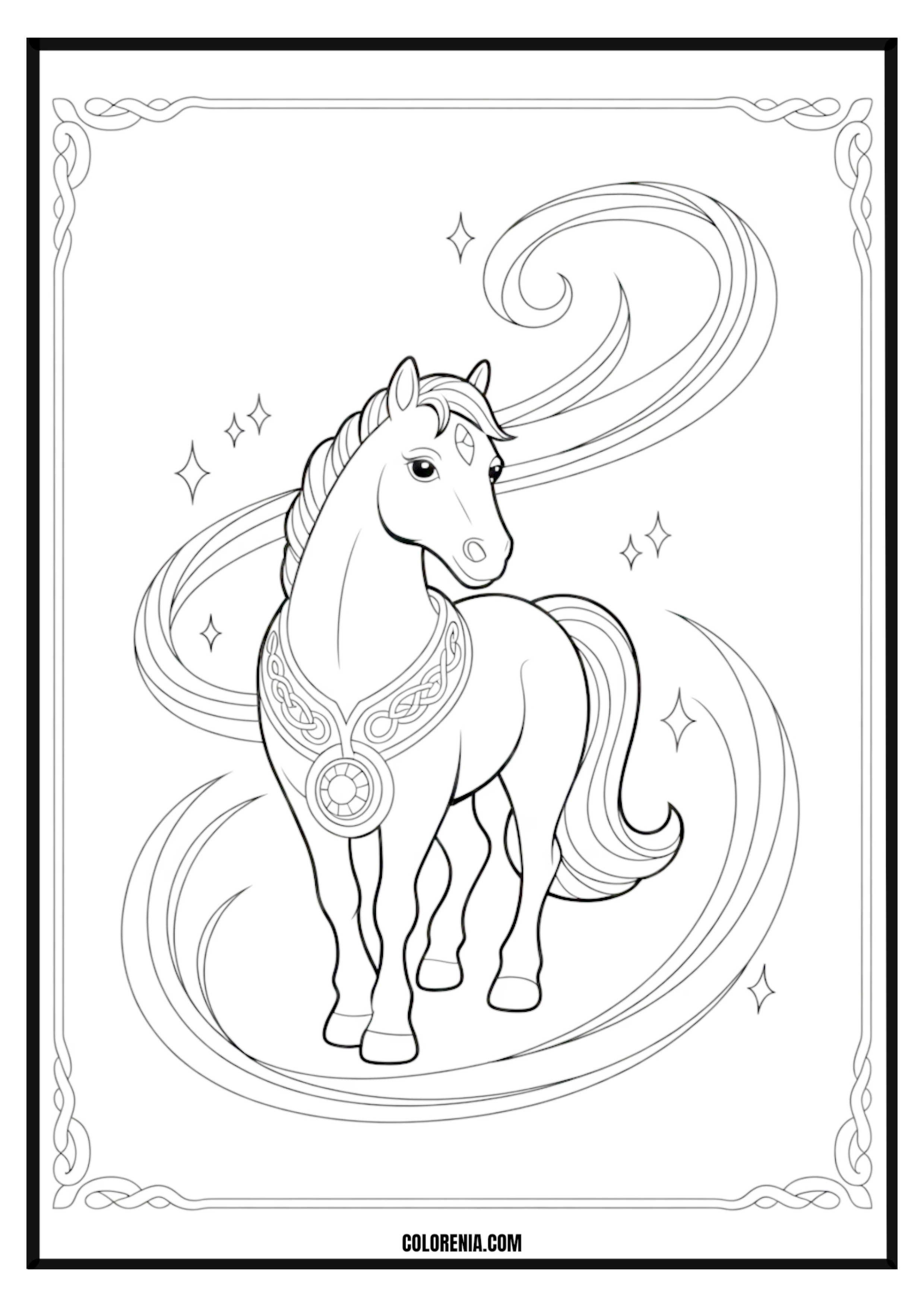 Enchanted Horse with Celestial Patterns Enchanted horse with intricate celestial patterns coloring page.