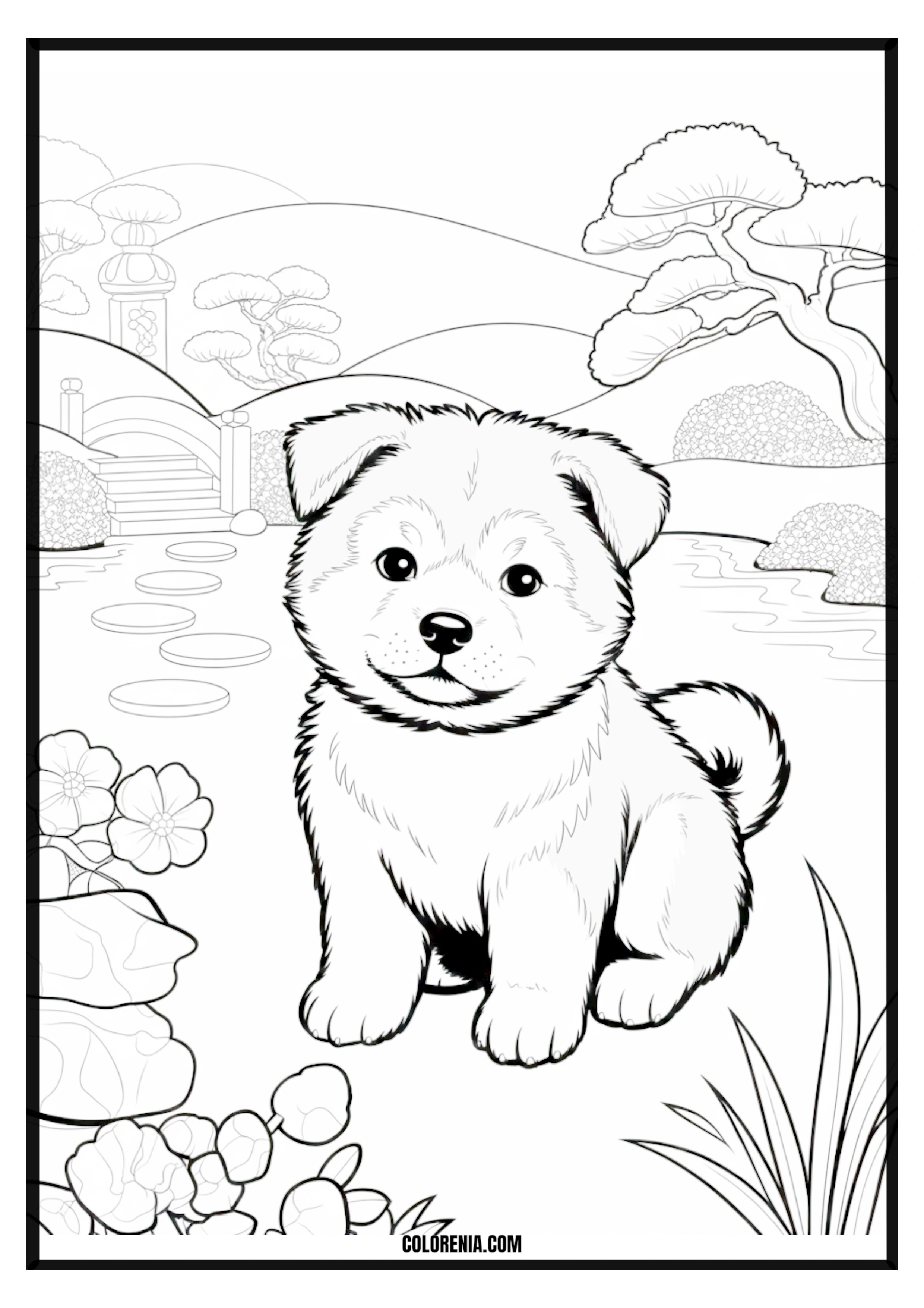 Printable Cute Puppy Coloring Page A cute puppy with large eyes sitting in a playful pose, ready for coloring.