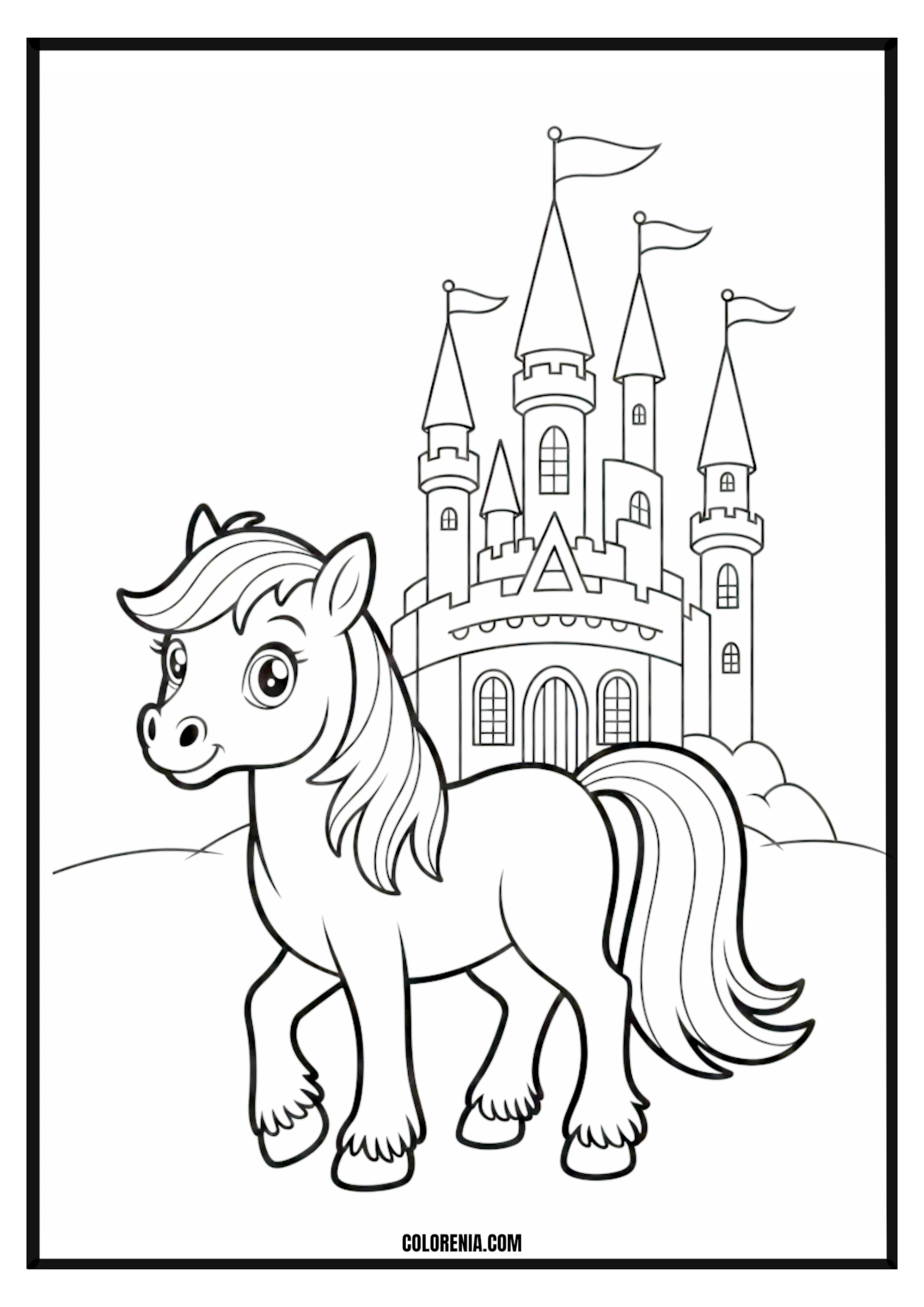 Fairytale Pony Castle Coloring Page Fairytale pony in front of a magical castle coloring page.