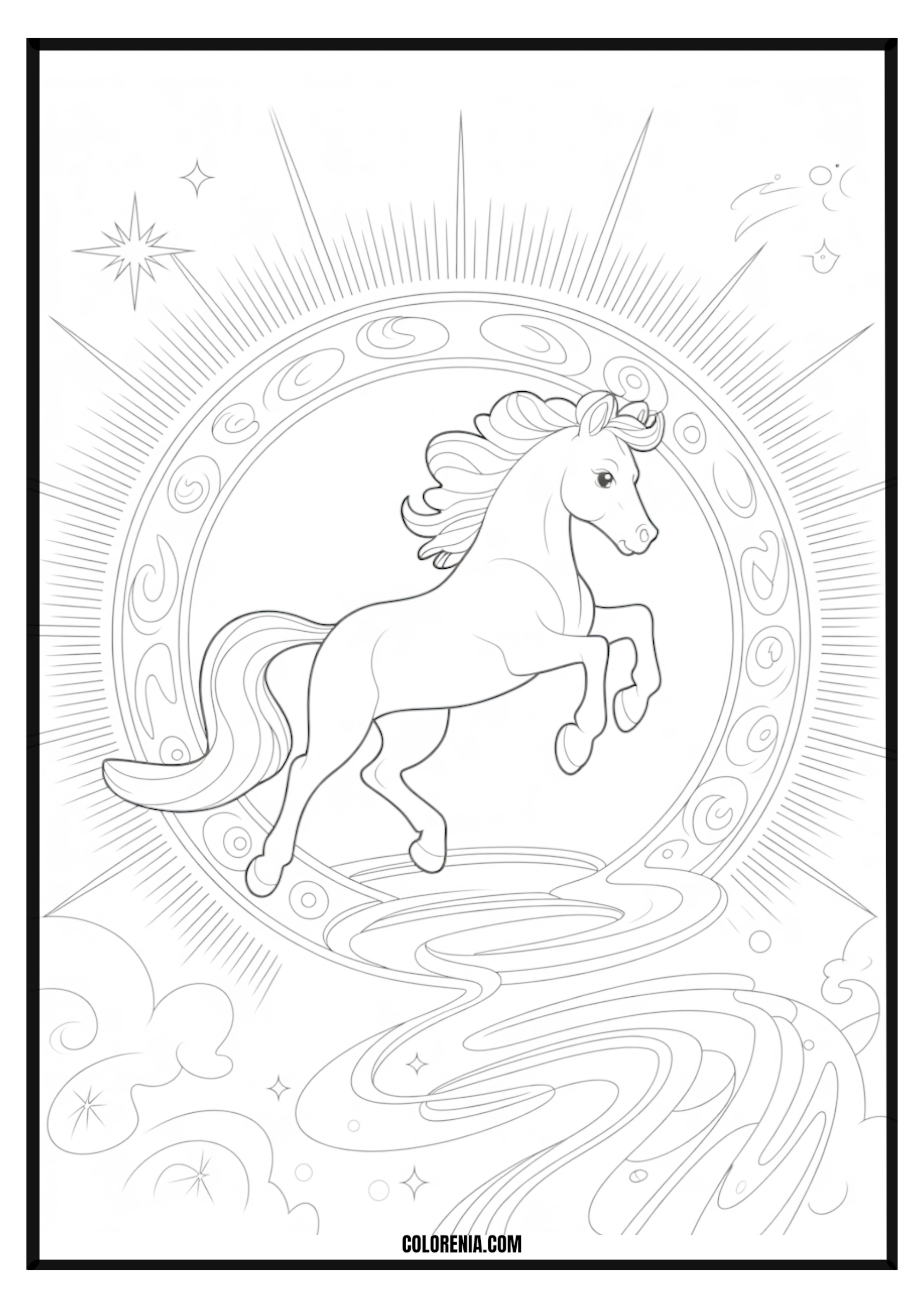 Fantasy Horse Rearing Sun Celestial Coloring Page Fantasy horse rearing under a celestial sun coloring page.