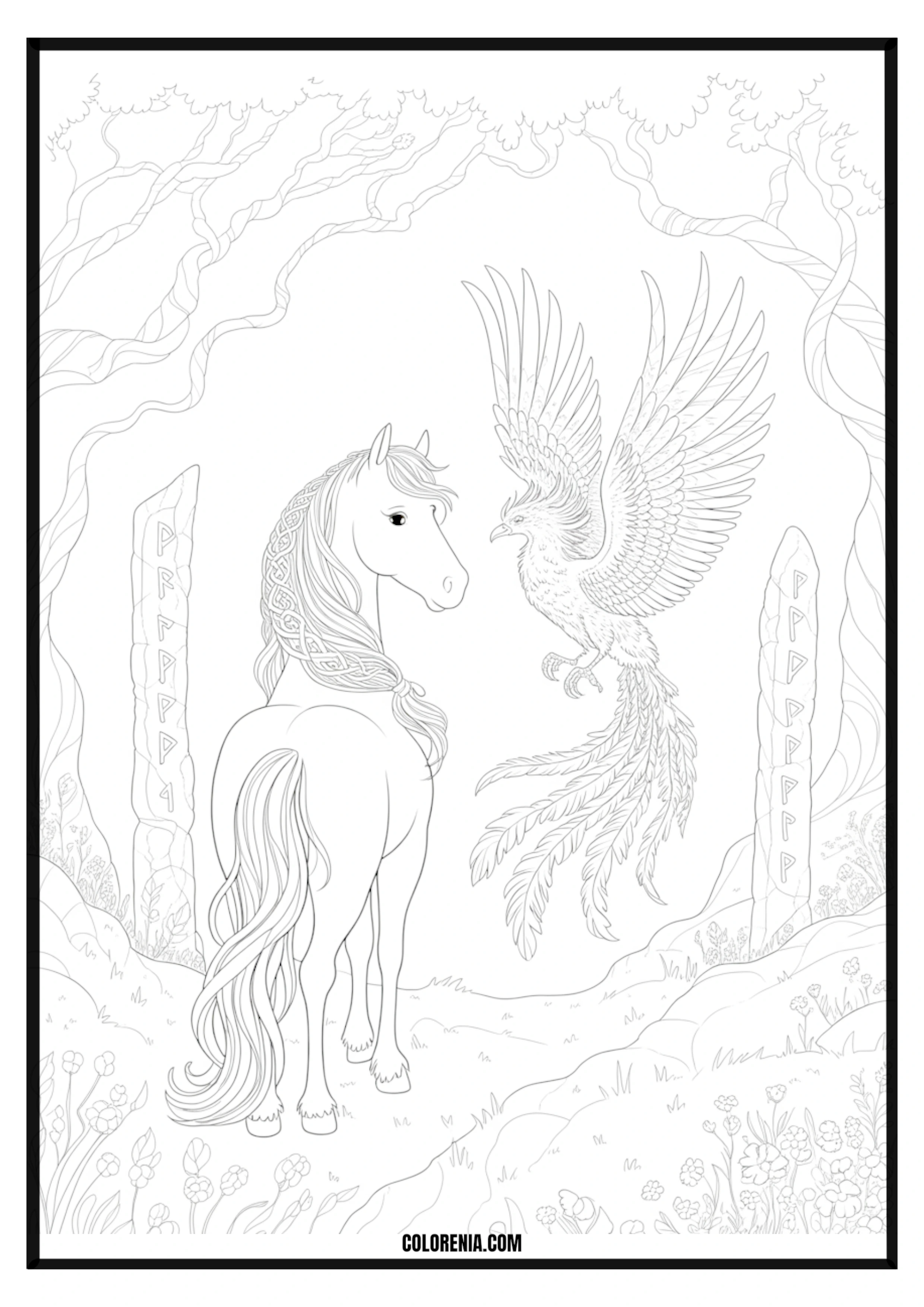 Fantasy Horse and Phoenix with Ancient Runes Fantasy horse and phoenix with ancient runes coloring page.