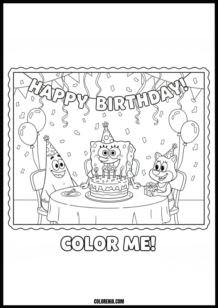 Festive Spongebob and Friends Birthday Party Coloring Page