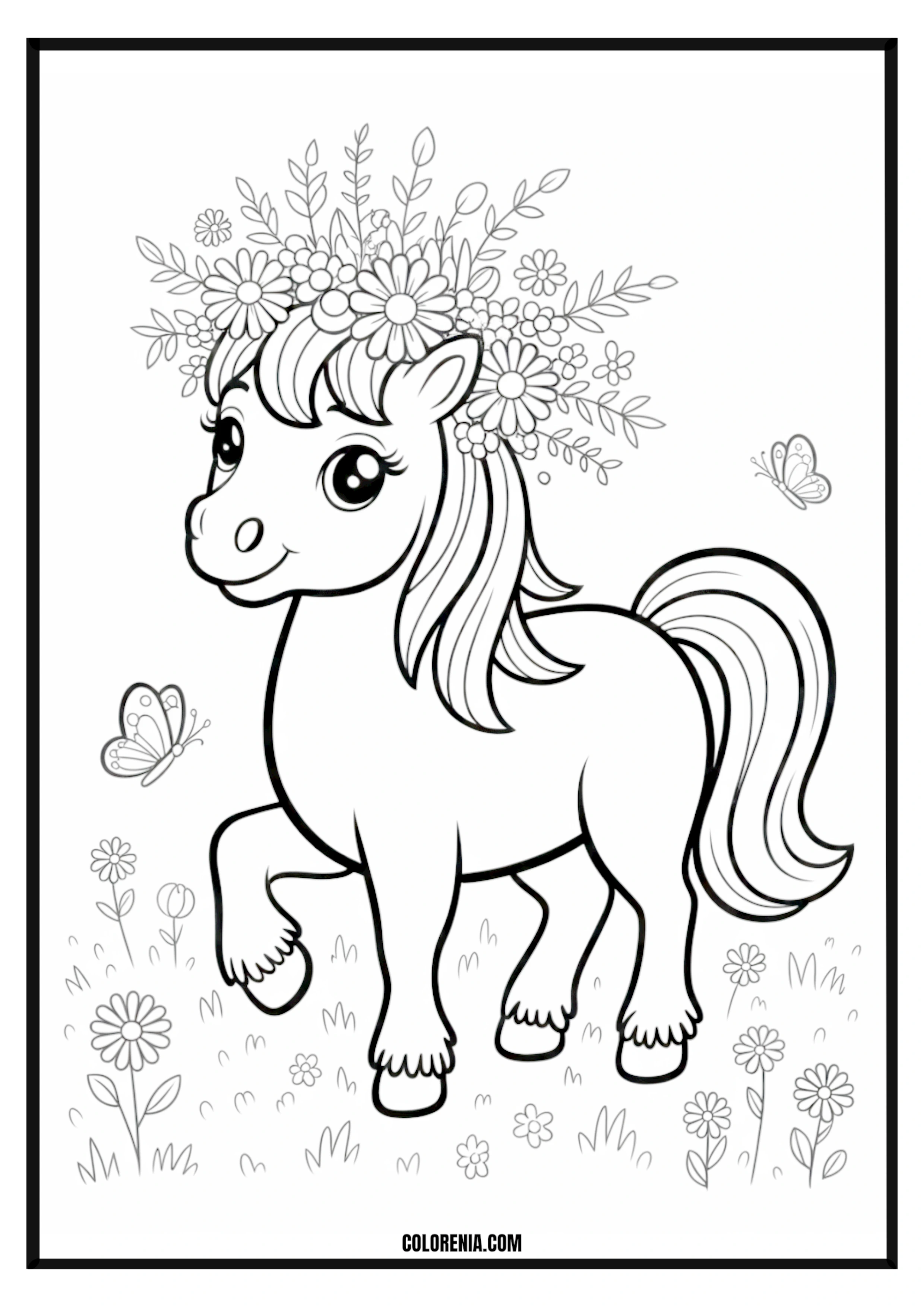 Floral Pony Coloring Page Elegant floral pony design coloring page.