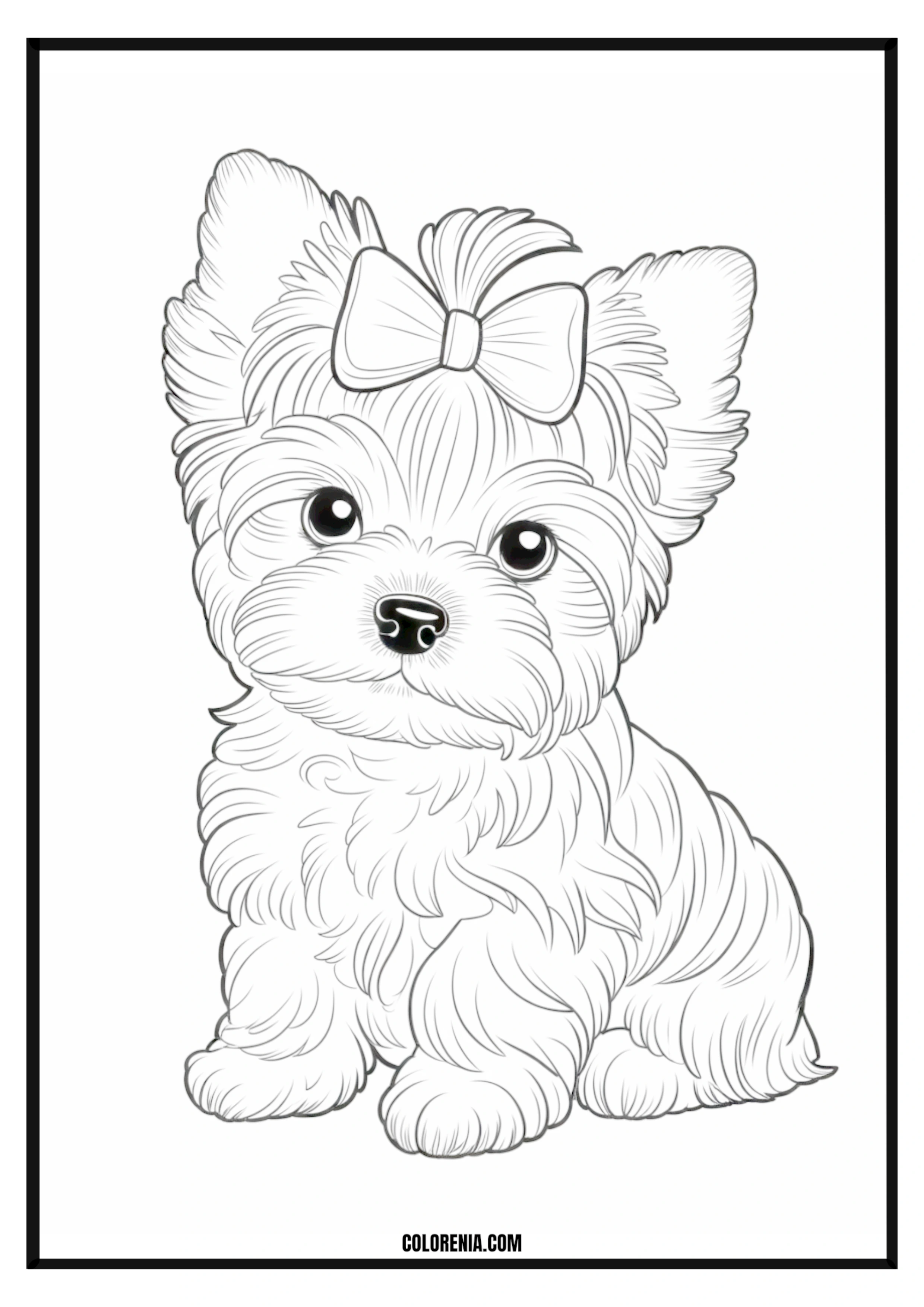 Printable Fluffy Puppy with Bow Coloring Page Fluffy puppy wearing a charming bow, elegant and cute design.