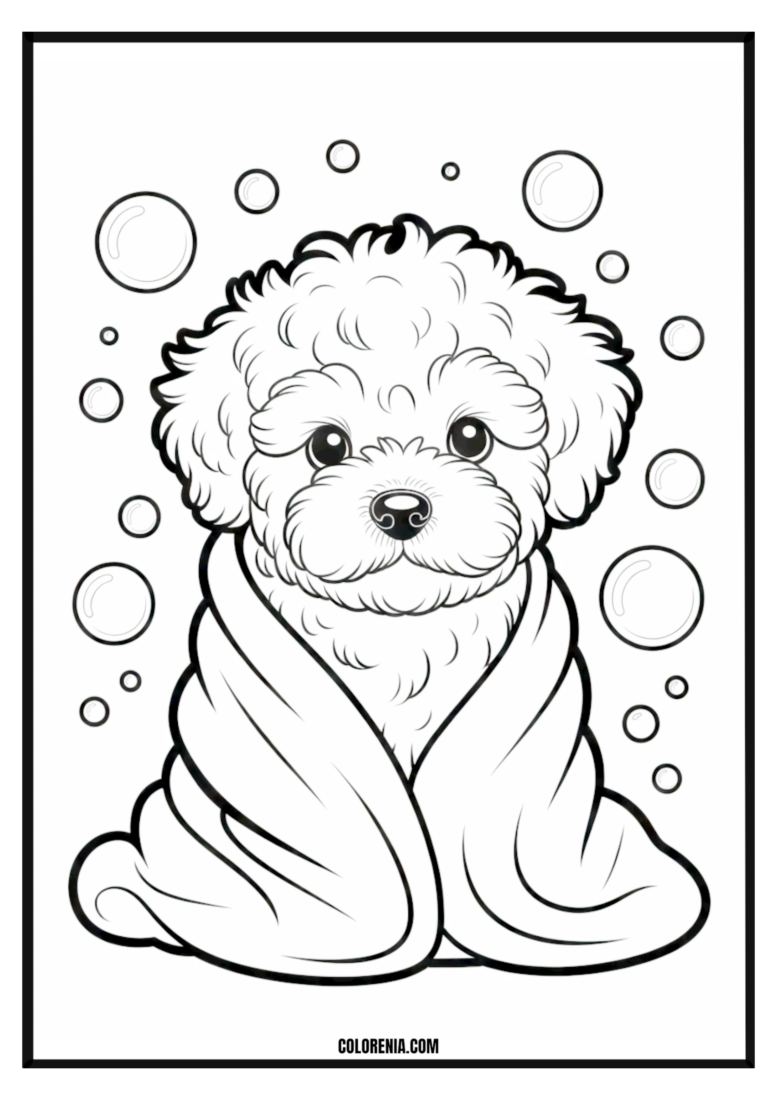 Printable Fluffy Puppy After Bath Coloring Page Fluffy puppy wrapped in a towel after a bath, cute and clean.