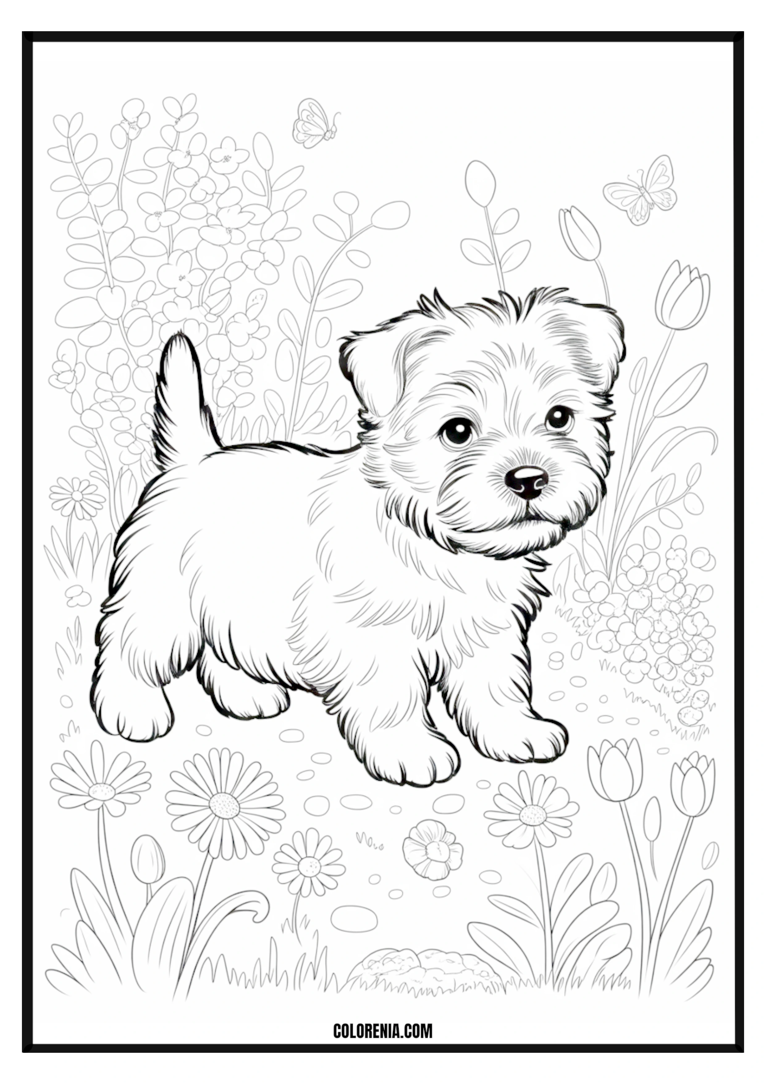 Printable Fluffy Puppy in a Garden with Butterflies Coloring Page Fluffy puppy playing in a garden surrounded by butterflies, nature scene.
