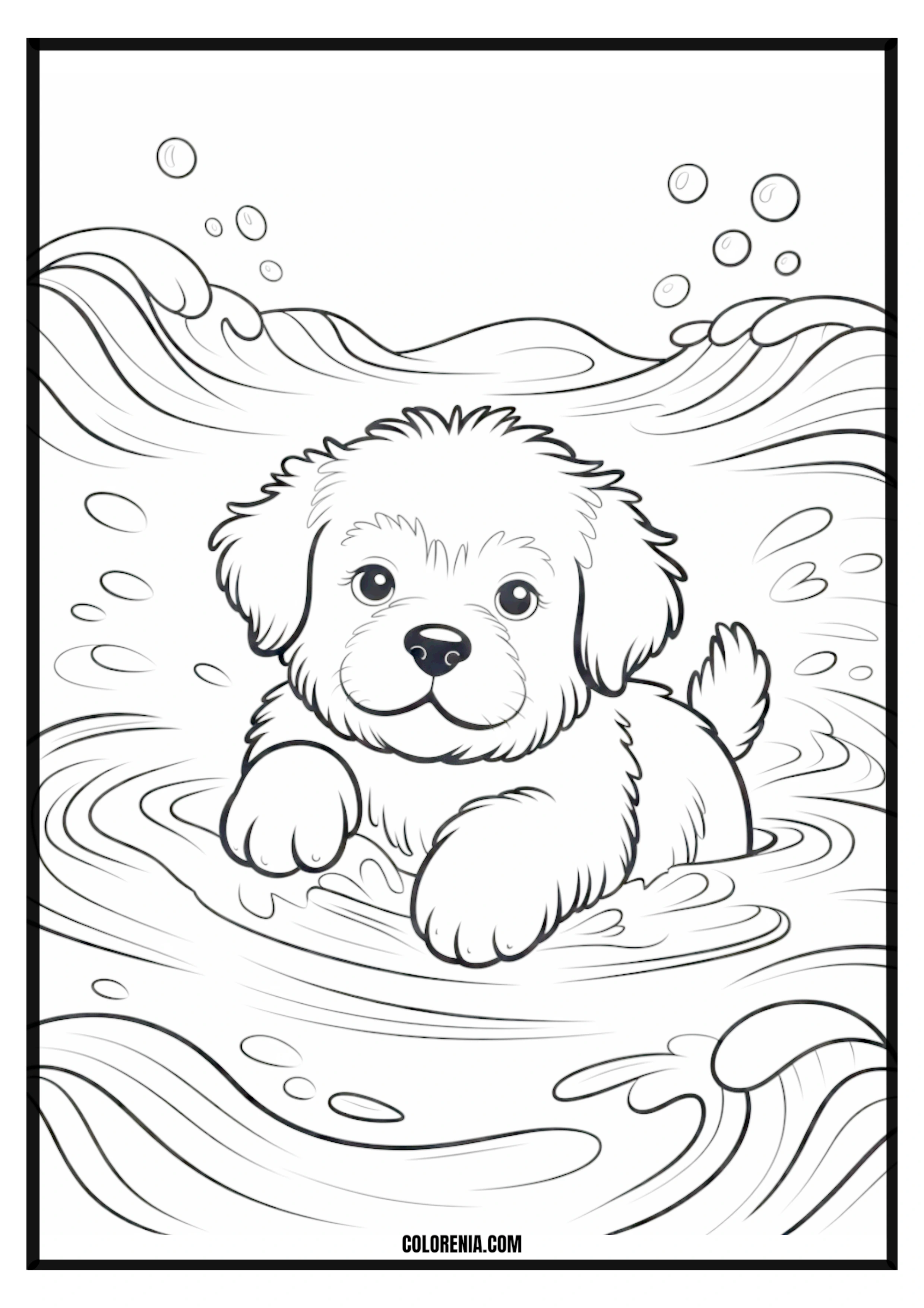 Printable Fluffy Puppy in Bubbly Water Coloring Page Fluffy puppy enjoying a bubble bath, playful pet washing scene.