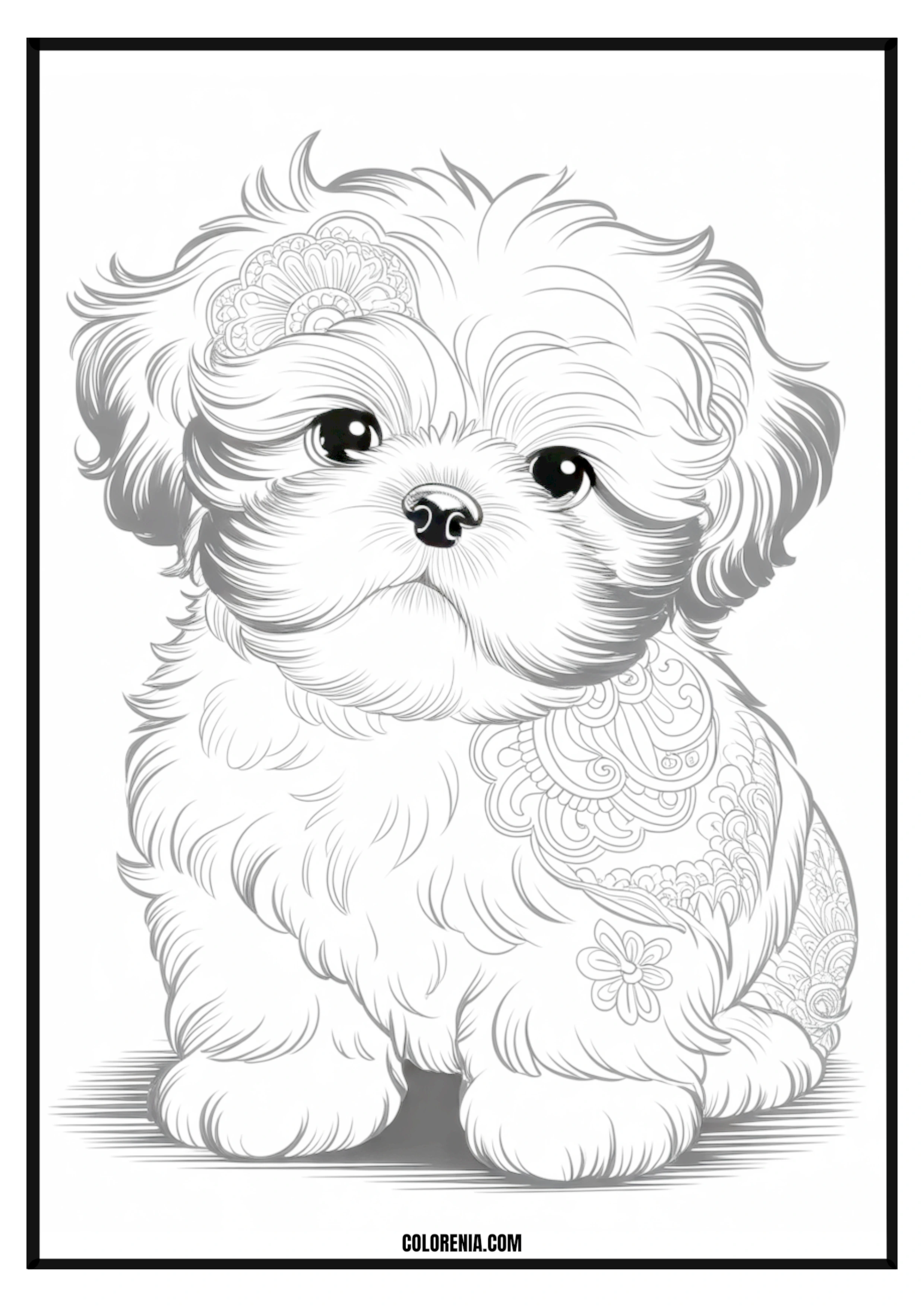 Printable Fluffy Puppy with Intricate Patterns Coloring Page Fluffy puppy with intricate patterns and designs, artistic coloring page.