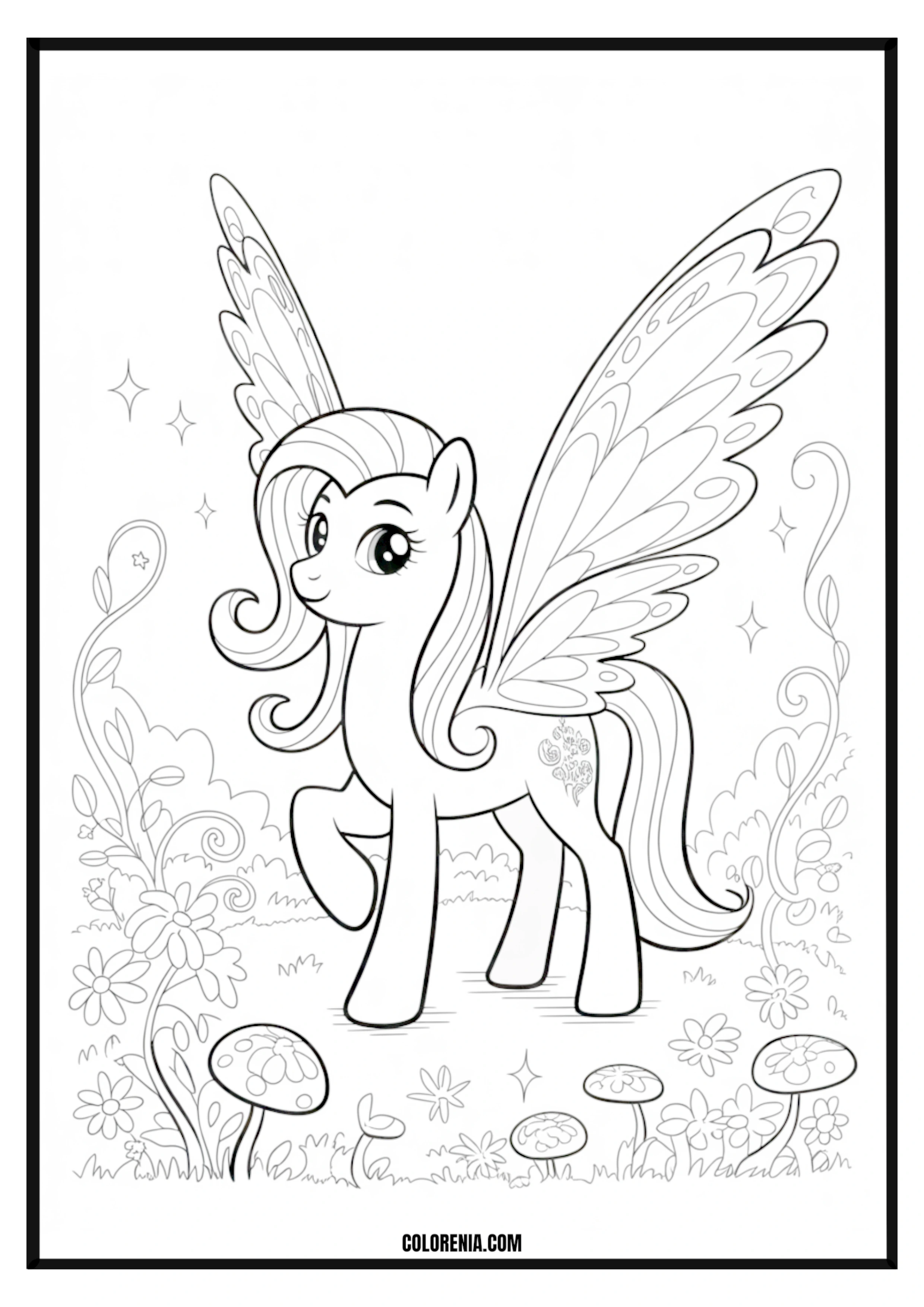 Fluttershy Pony in Garden Coloring Page Fluttershy pony in a garden coloring page.