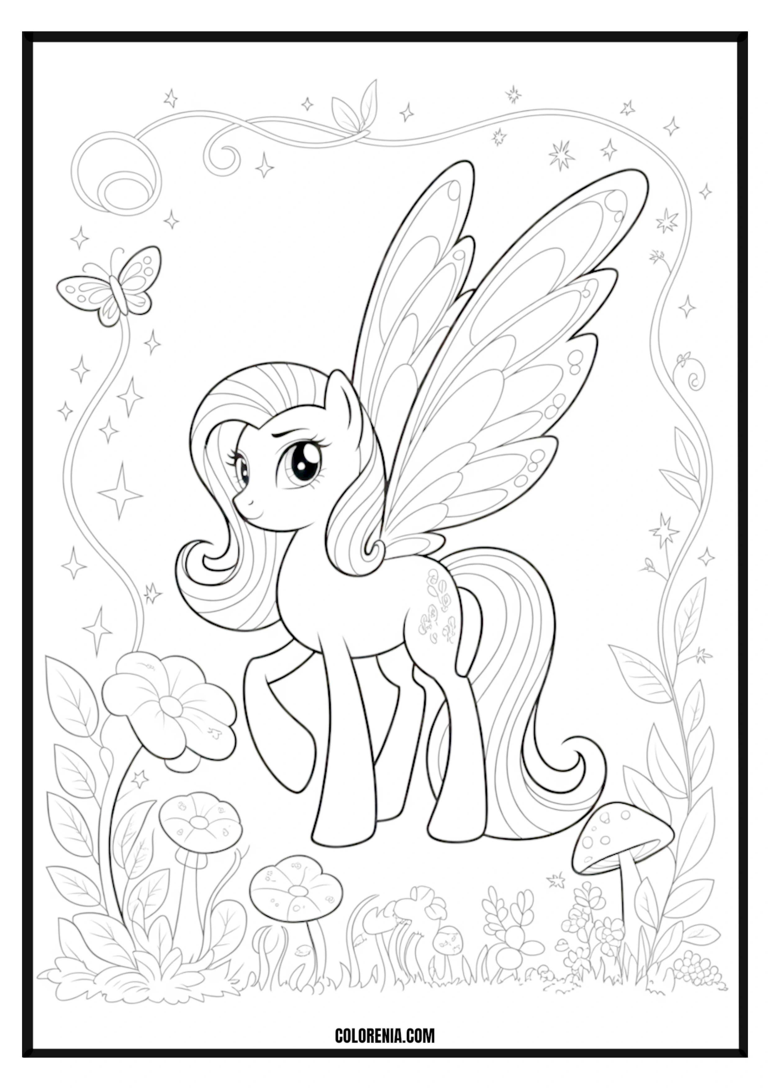 Fluttershy Winged Pony Garden Coloring Page Fluttershy winged pony in a garden coloring page.
